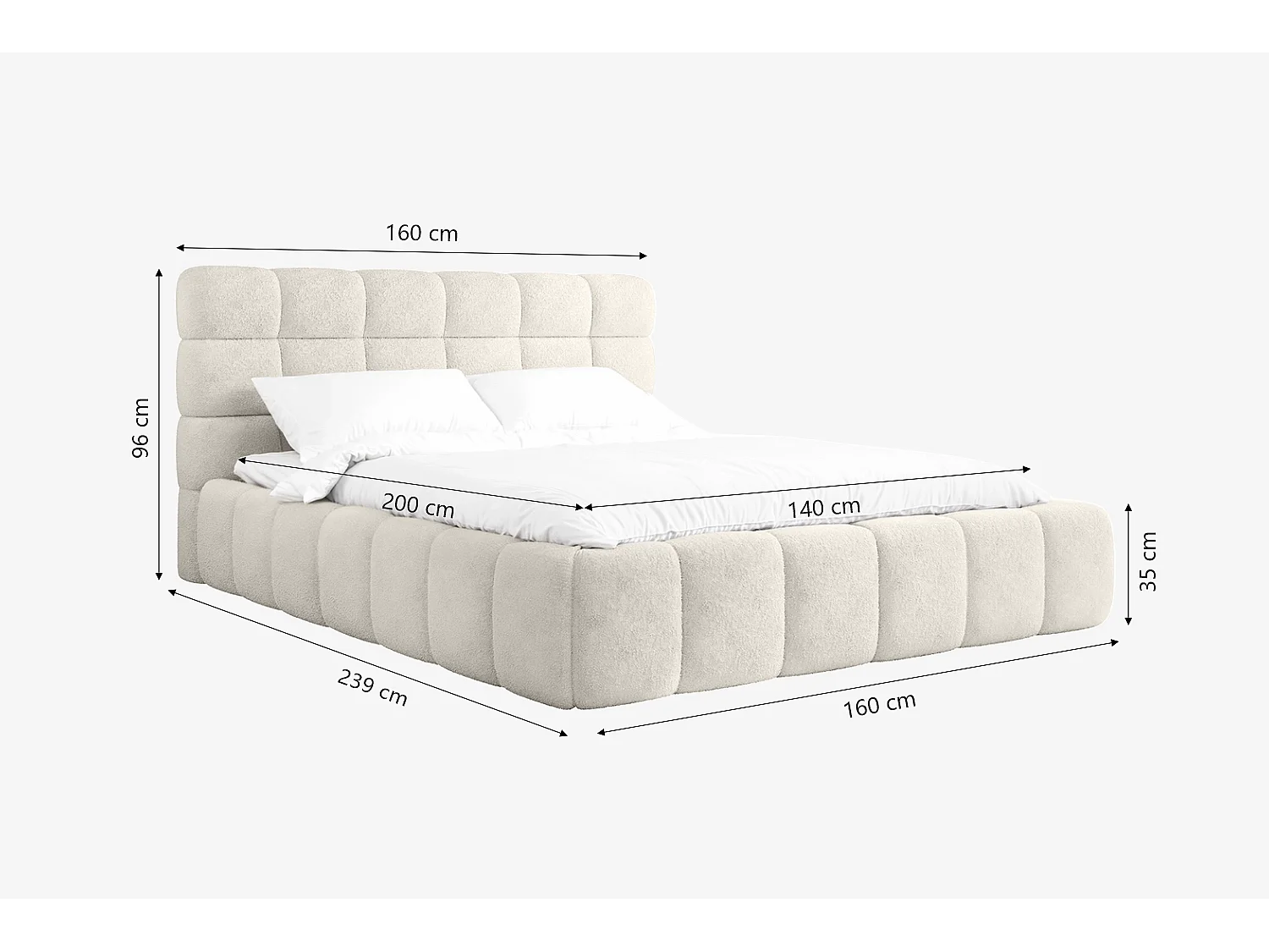 Lit capitonné MNUUO CHOCCO avec coffre de rangement, crème, 140 x 200 cm, sommier à lattes en bois relevable