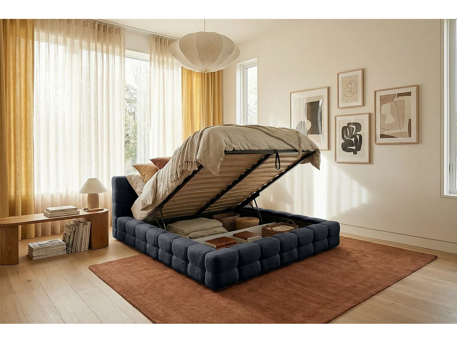 MNUUO Gestoffeerd bed KAIO met opbergbox, blauw, 180 x 200 cm, opklapbare lattenbodem