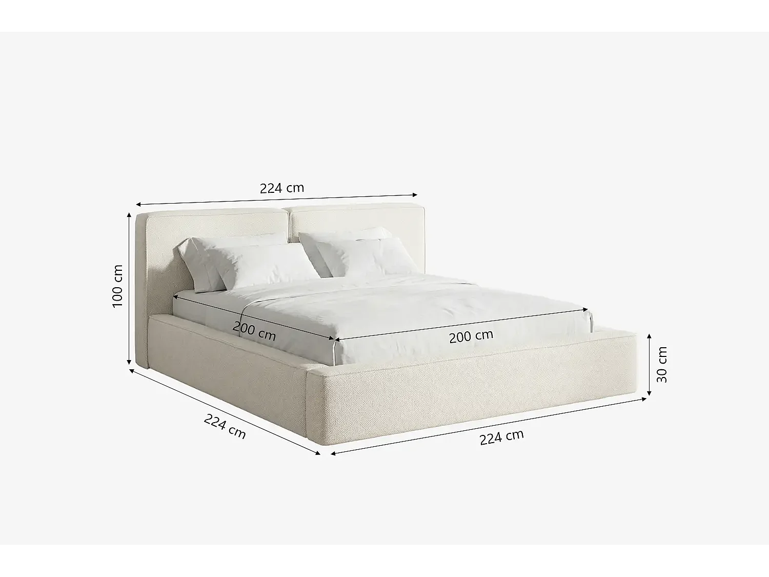 Lit capitonné MNUUO NEENO avec coffre de rangement, crème, 200 x 200 cm, sommier à lattes en bois relevable