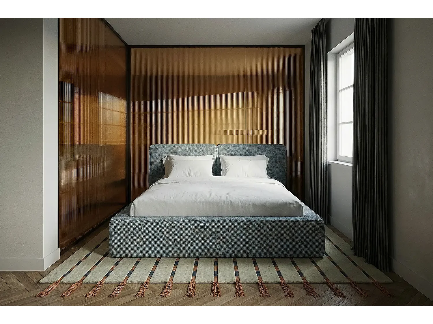 Lit capitonné MNUUO NEENO avec coffre de rangement, couleur pétrole, 140 x 200 cm, sommier à lattes en bois relevable