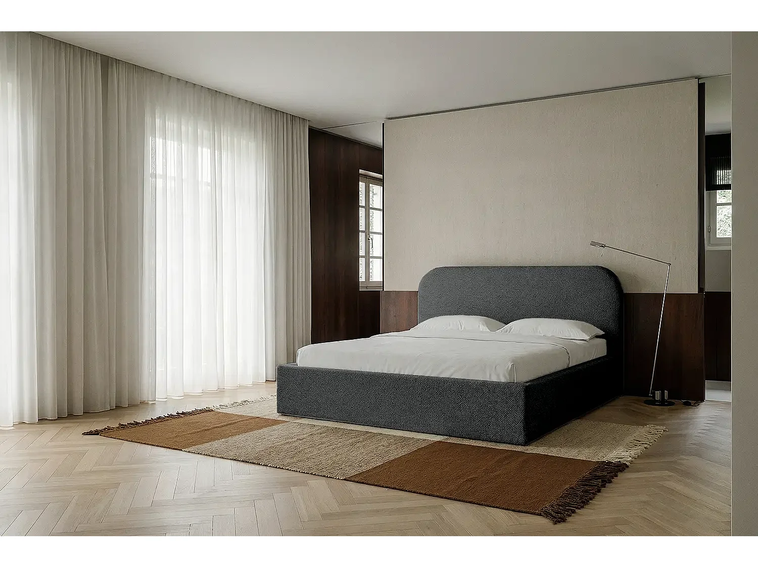Lit capitonné MNUUO HOREO avec coffre de rangement, gris foncé, 180 x 200 cm, sommier à lattes en bois relevable