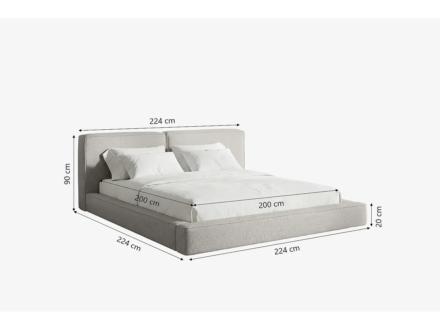 Lit capitonné MNUUO NEENO BASE gris clair 200 x 200 cm