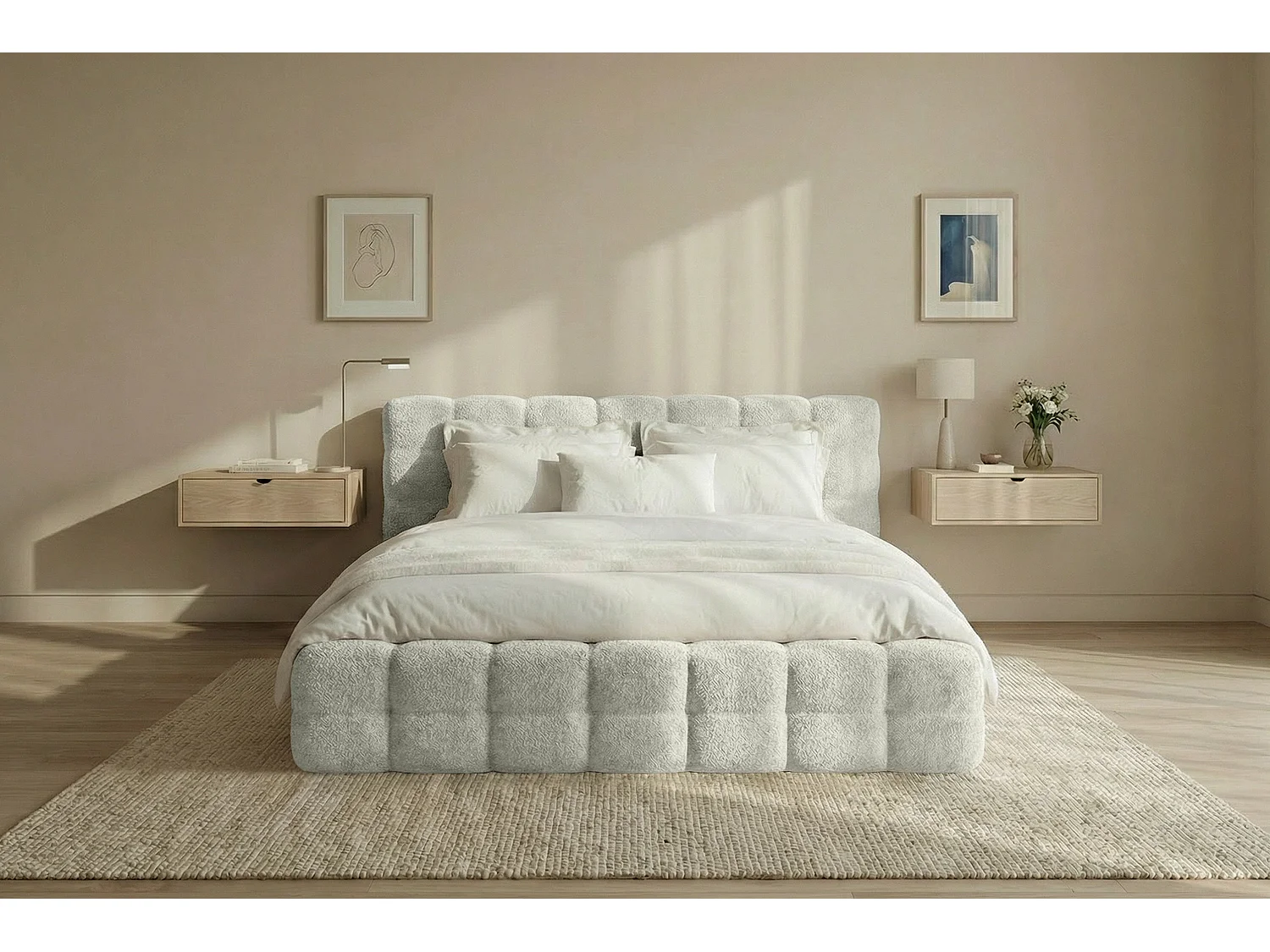 MNUUO Gestoffeerd bed KAIO met opbergbox, crème, 140 x 200 cm, opklapbare lattenbodem