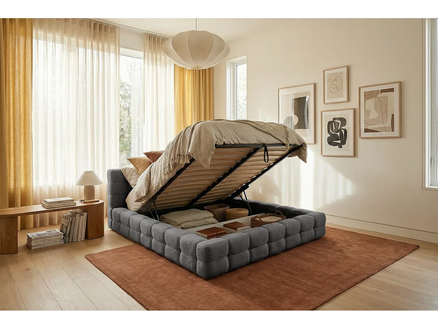 MNUUO gestoffeerd bed KAIO met opbergbox, grijs, 160 x 200 cm, opklapbare lattenbodem