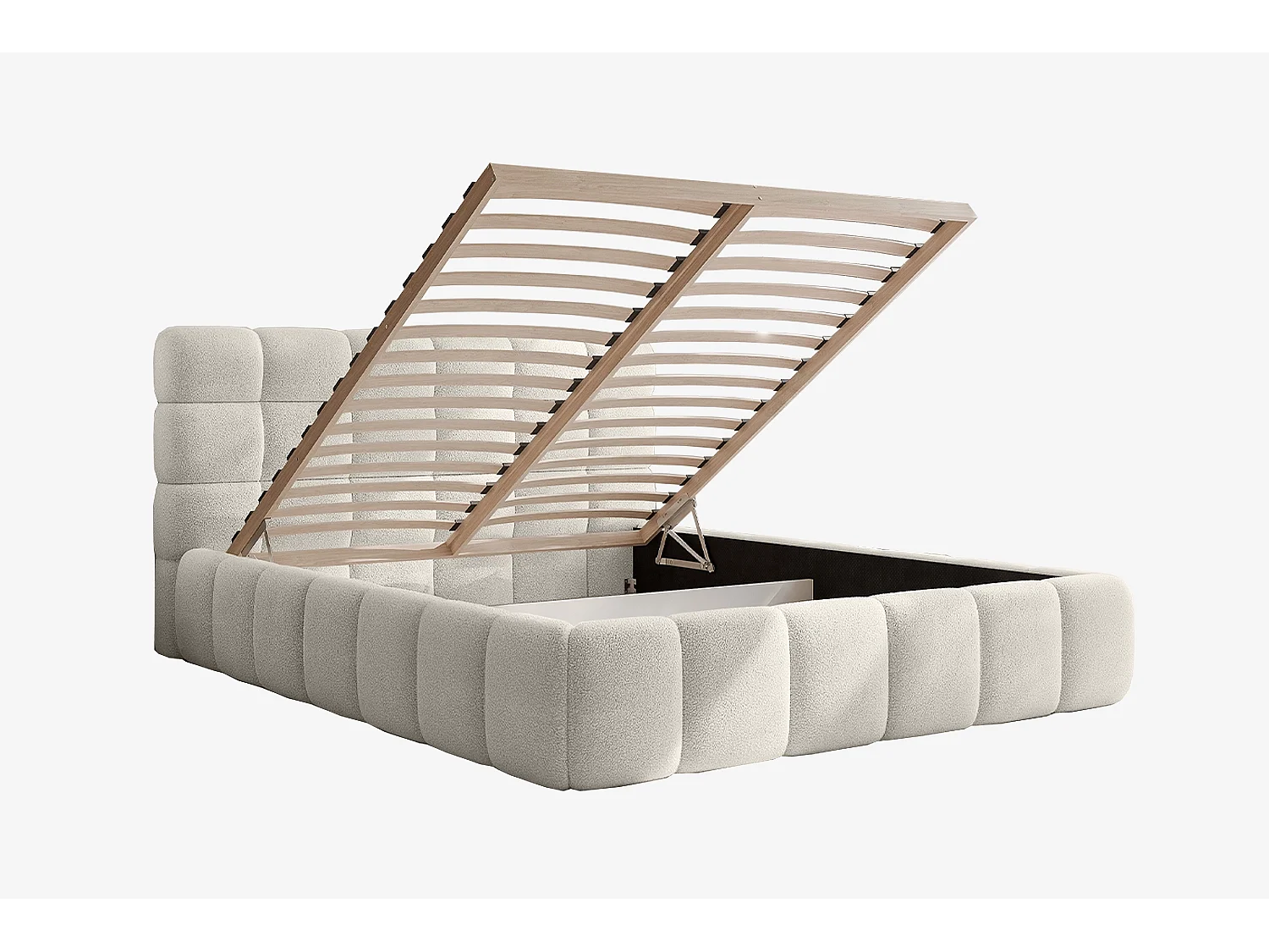 Lit capitonné MNUUO CHOCCO avec coffre de rangement, crème, 160 x 200 cm, sommier à lattes en bois relevable
