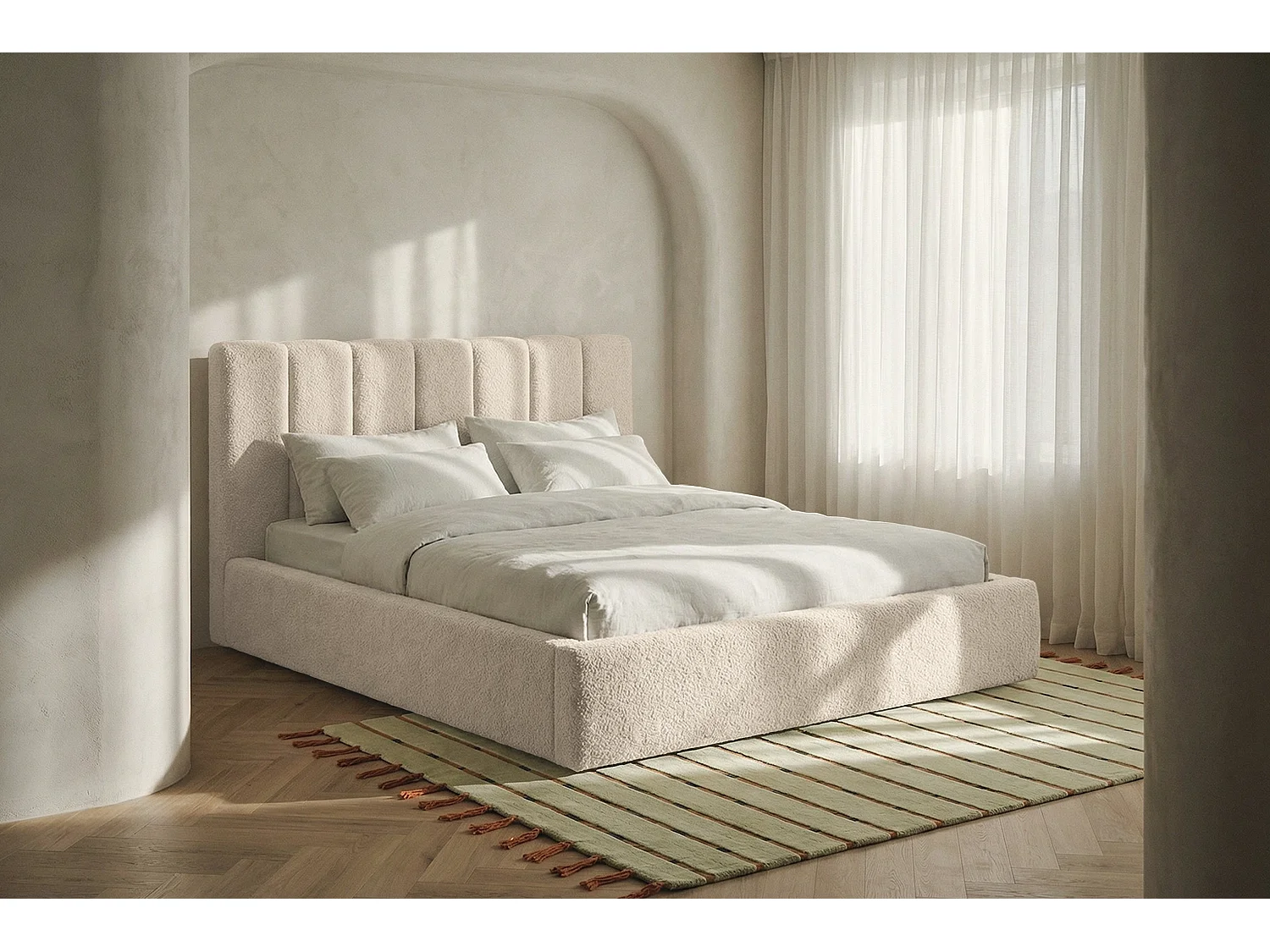 Lit capitonné MNUUO FELAA avec coffre de rangement, couleur crème, 160 x 200 cm, sommier à lattes en bois relevable