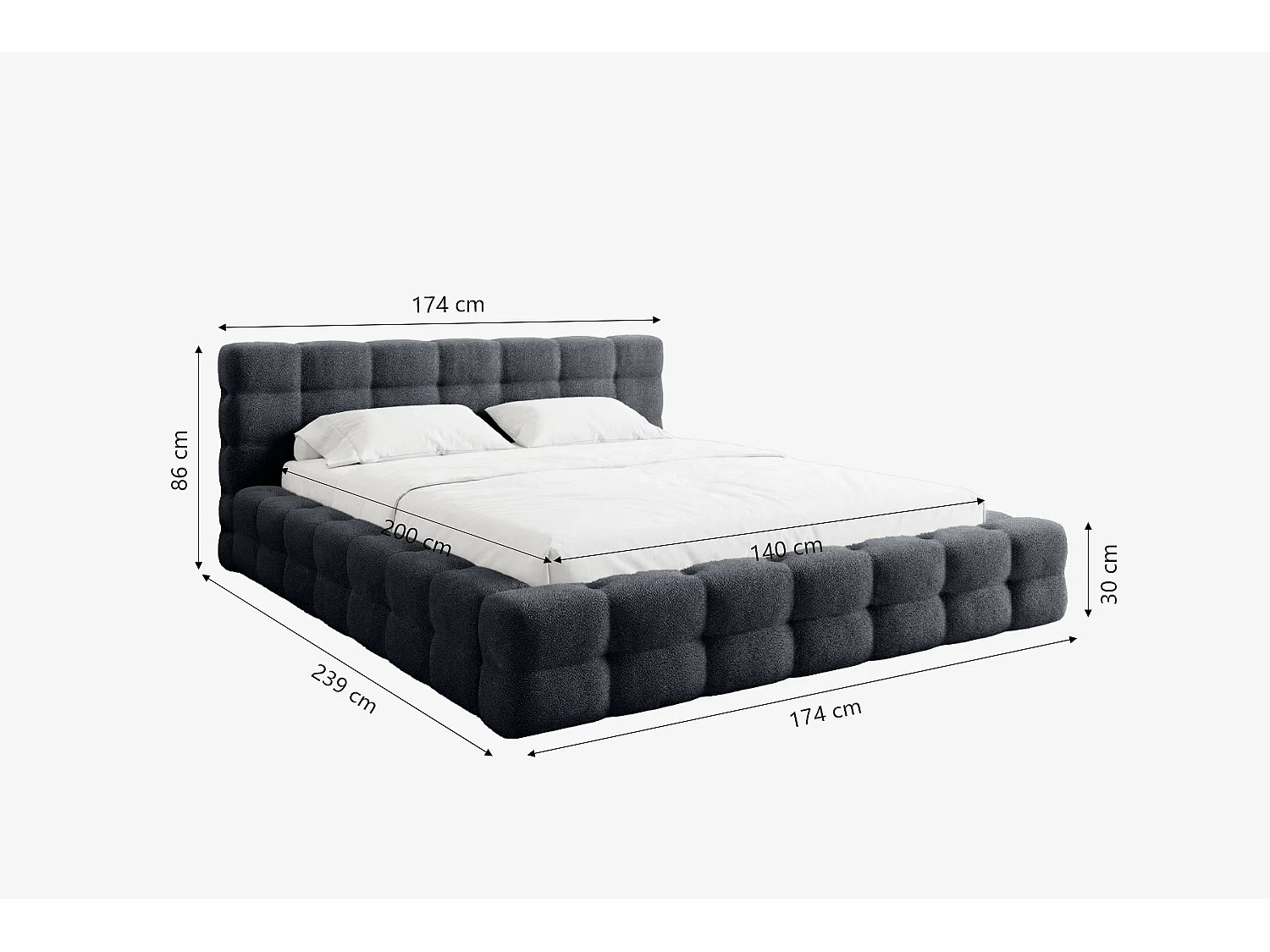 Lit capitonné MNUUO KAIO avec coffre de rangement, bleu, 140 x 200 cm, sommier à lattes en bois relevable