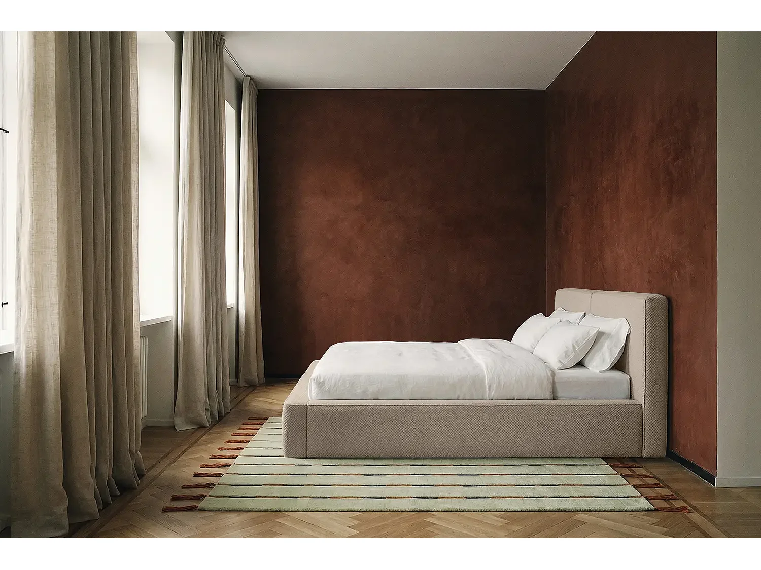 Lit capitonné MNUUO NEENO avec coffre de rangement, beige, 180 x 200 cm, sommier à lattes en bois relevable