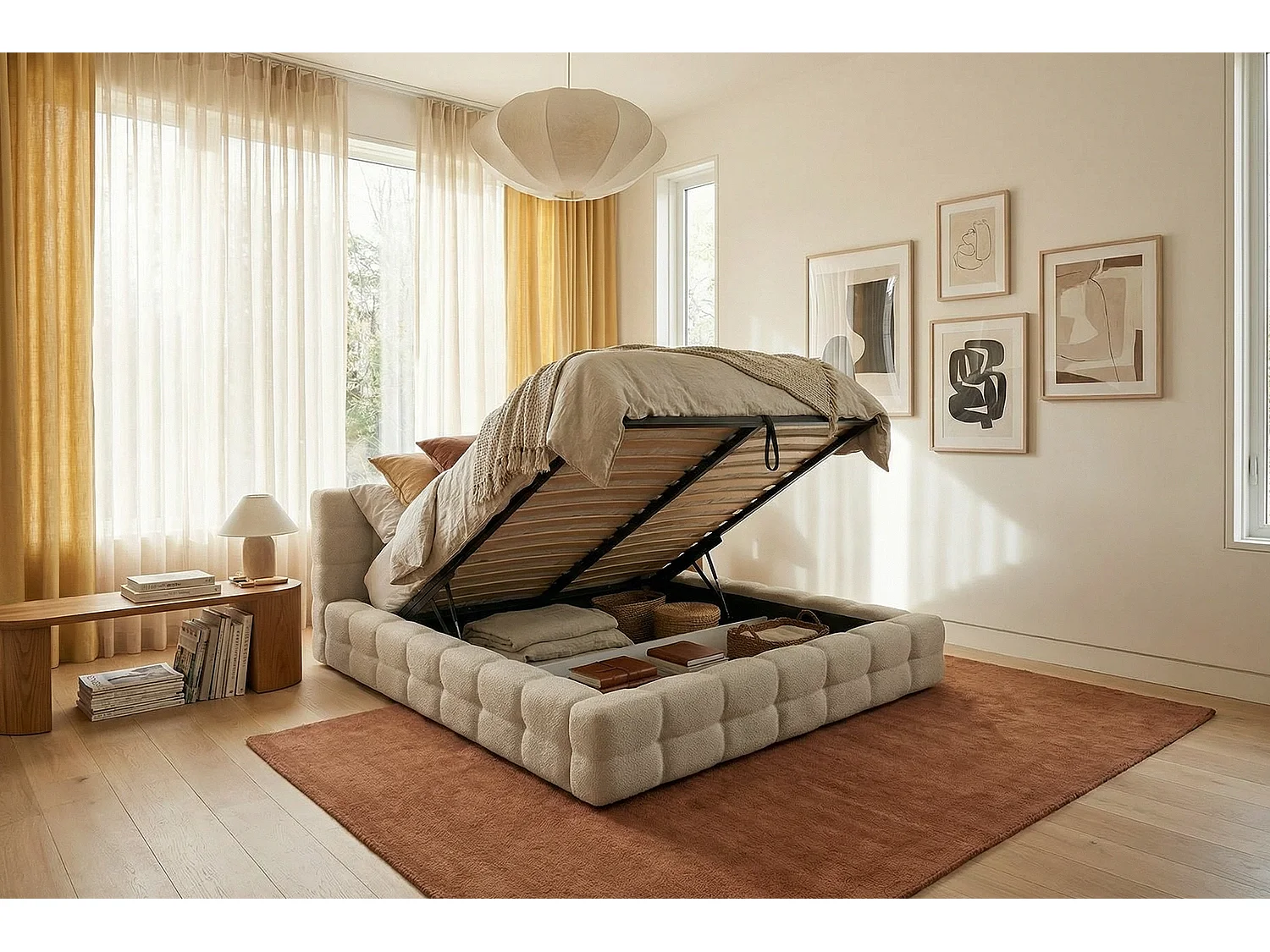 MNUUO Gestoffeerd bed KAIO met opbergbox, beige, 140 x 200 cm, opklapbare lattenbodem