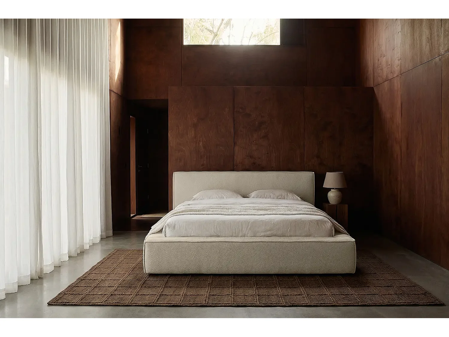 Lit capitonné MNUUO BUUN avec coffre de rangement, couleur crème, 160 x 200 cm, sommier à lattes en bois relevable