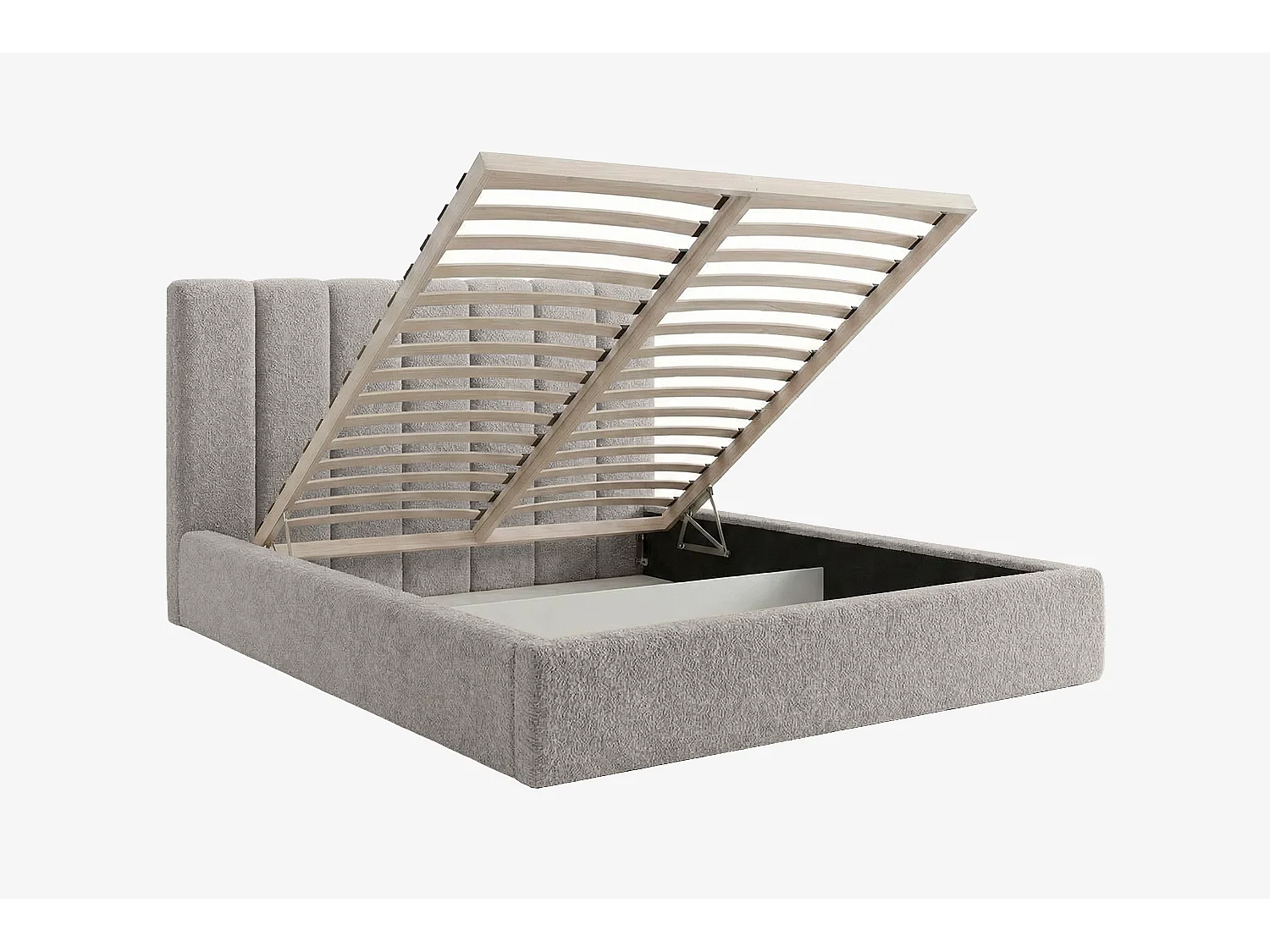 Lit capitonné MNUUO FELAA avec coffre de rangement, gris clair, 180 x 200 cm, sommier à lattes en bois relevable