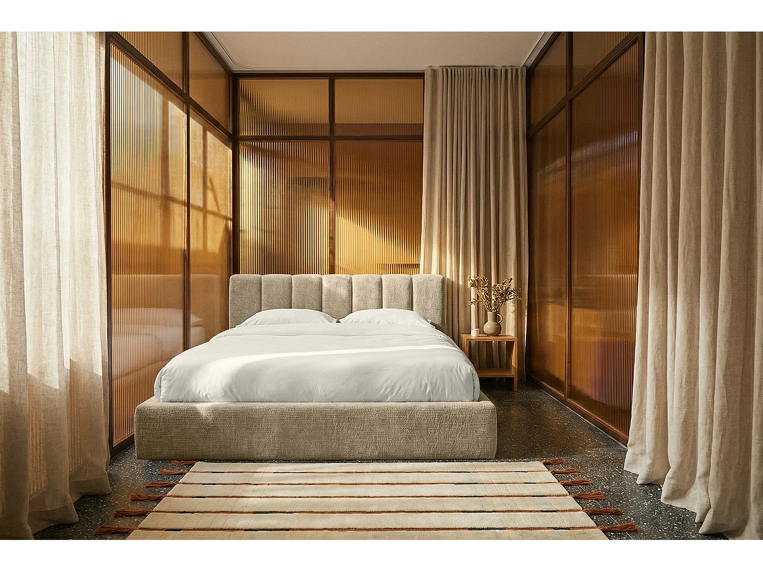 MNUUO Gestoffeerd bed RENZY met opbergbox, beige, 200 x 200 cm, opklapbare lattenbodem
