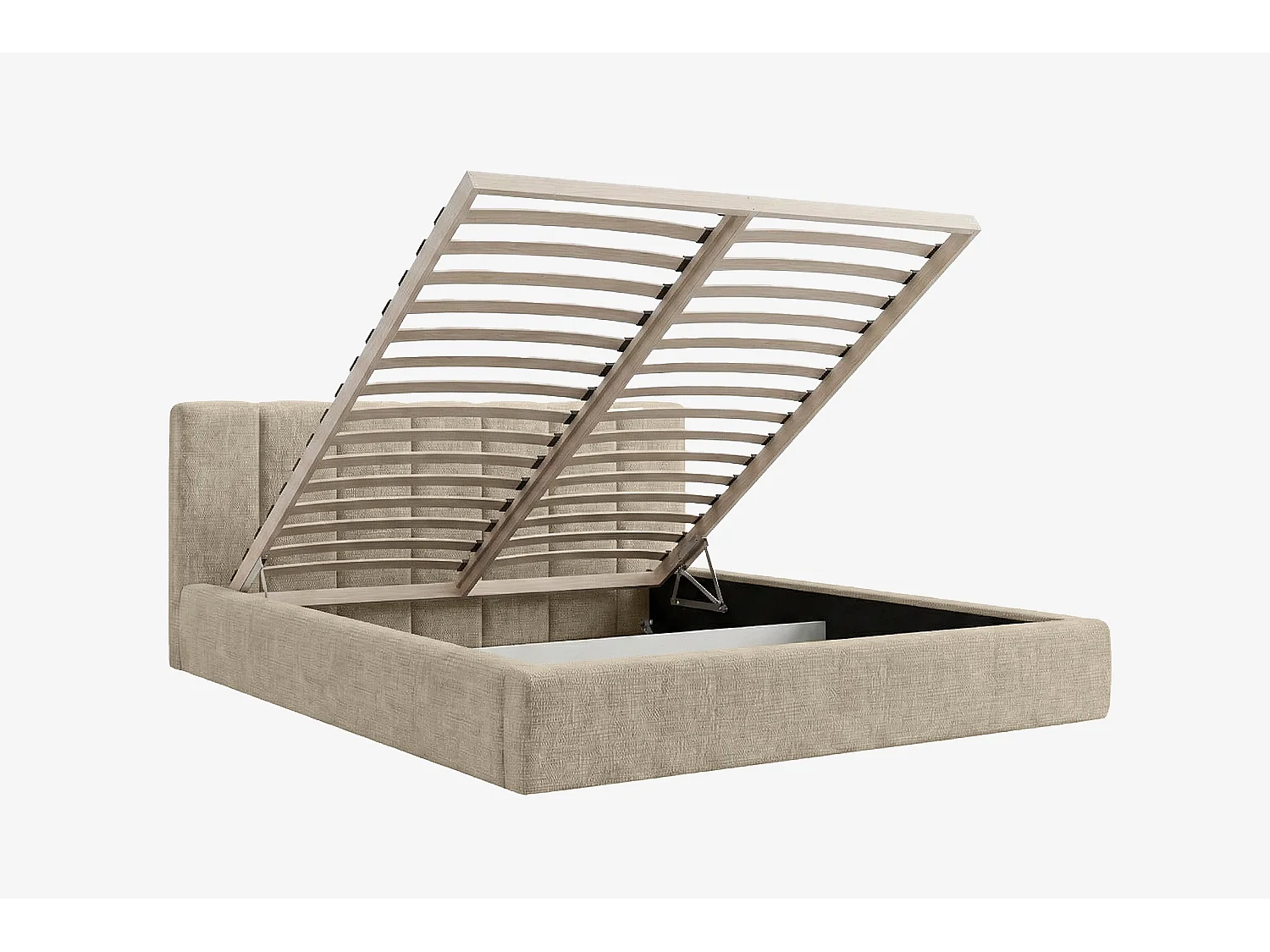 MNUUO Gestoffeerd bed RENZY met opbergbox, beige, 200 x 200 cm, opklapbare lattenbodem