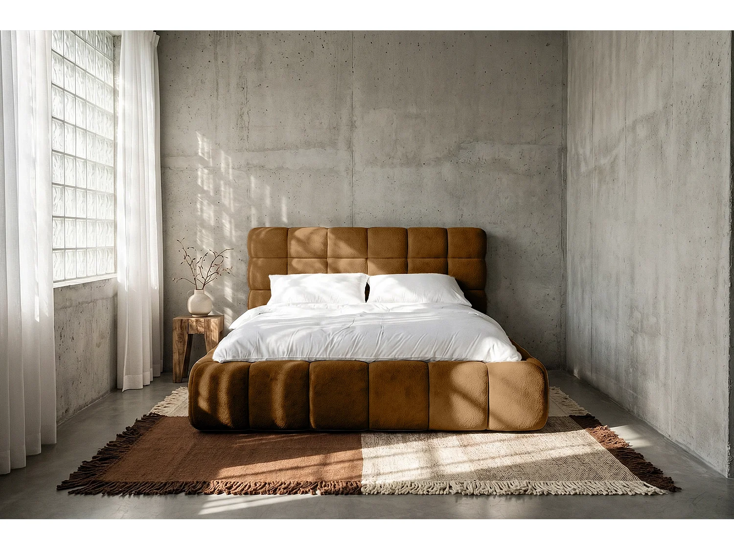 Lit capitonné MNUUO CHOCCO avec coffre de rangement, ocre, 160 x 200 cm, sommier à lattes en bois relevable