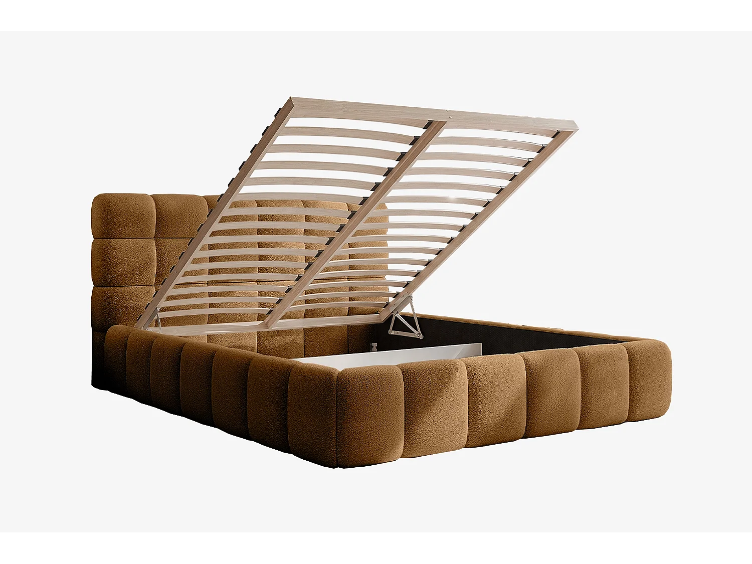 Lit capitonné MNUUO CHOCCO avec coffre de rangement, ocre, 160 x 200 cm, sommier à lattes en bois relevable