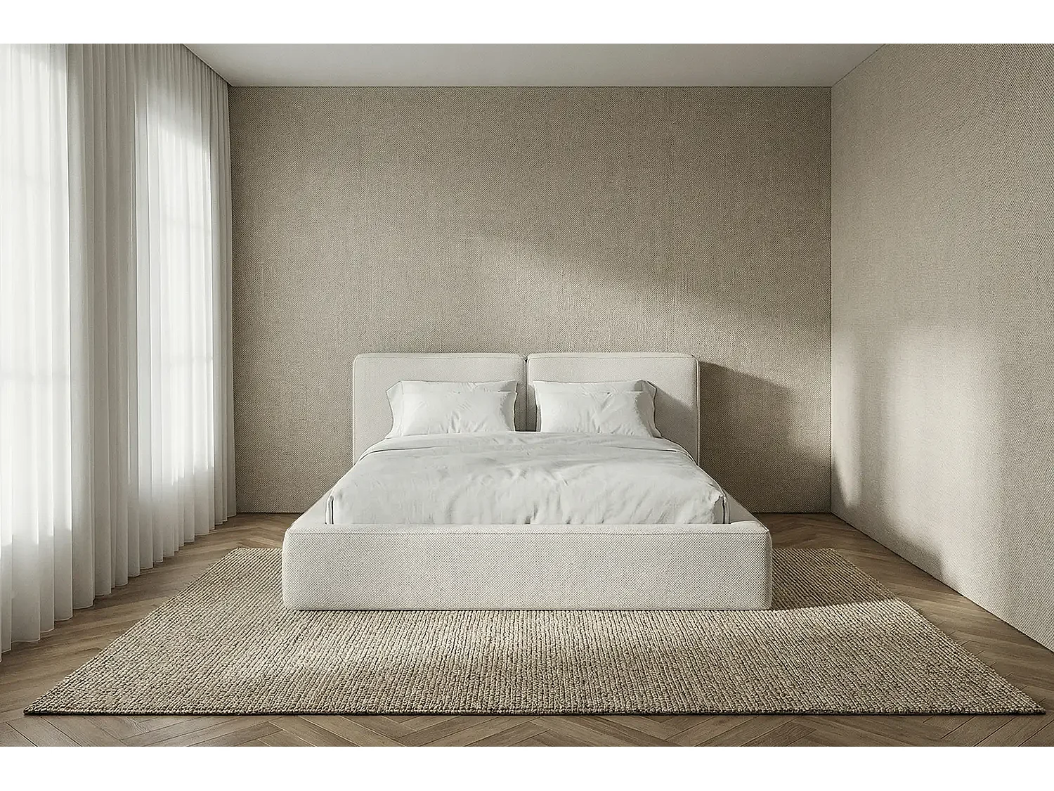 Lit capitonné MNUUO NEENO avec coffre de rangement, crème, 160 x 200 cm, sommier à lattes en bois relevable