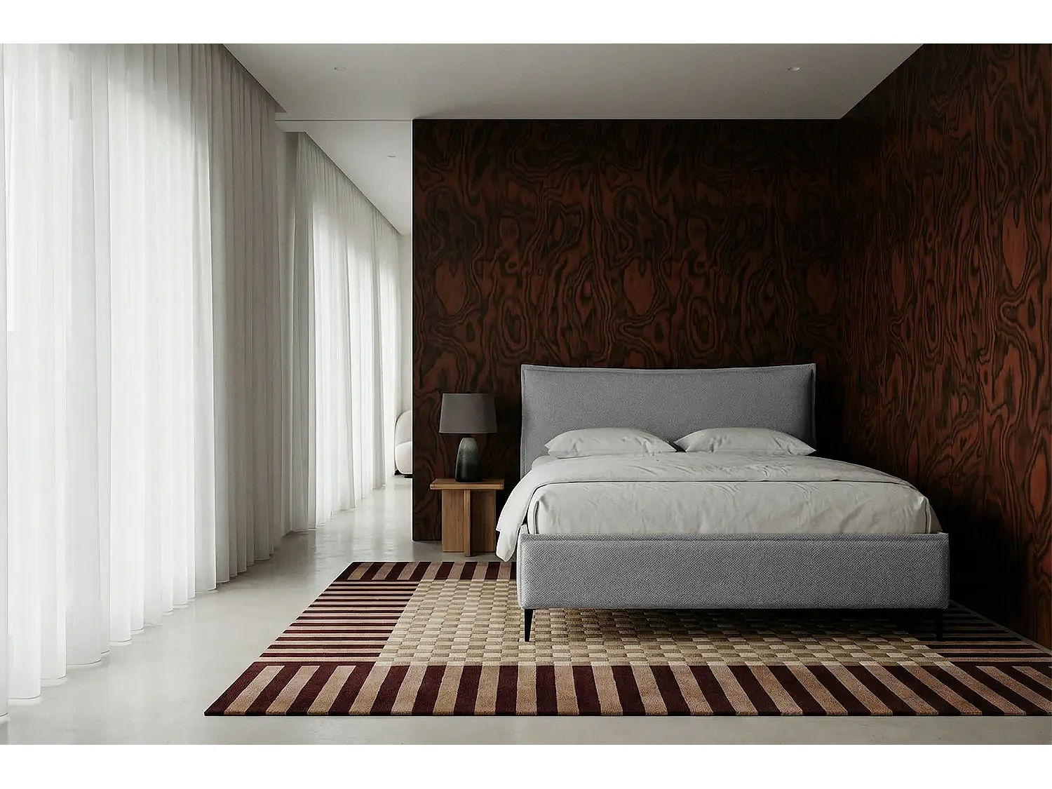 Lit capitonné MNUUO CELLEO avec coffre de rangement, gris, 180 x 200 cm, sommier à lattes en bois relevable.