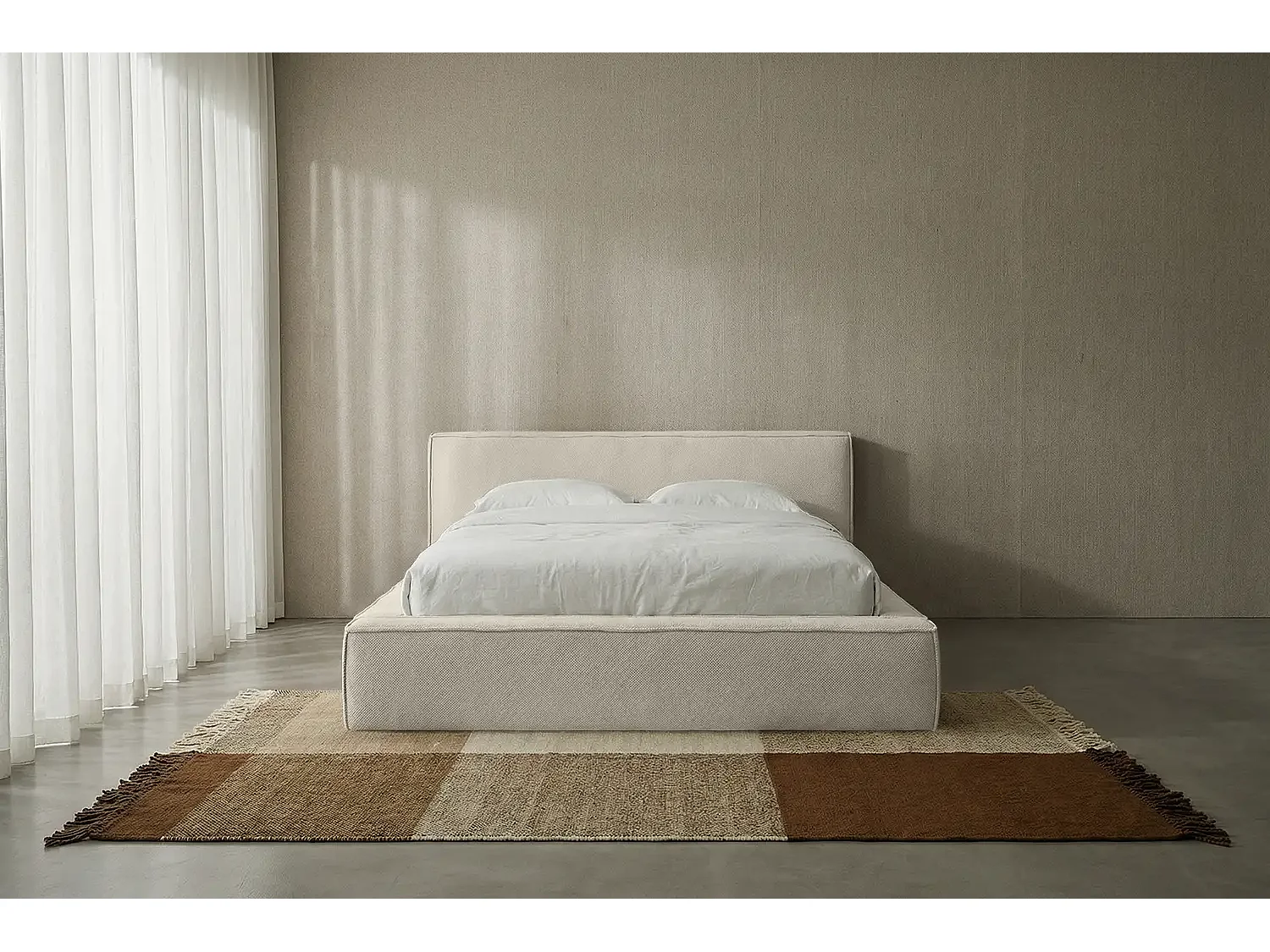 Lit capitonné MNUUO BUUN avec coffre de rangement, crème, 120 x 200 cm, sommier à lattes en bois relevable