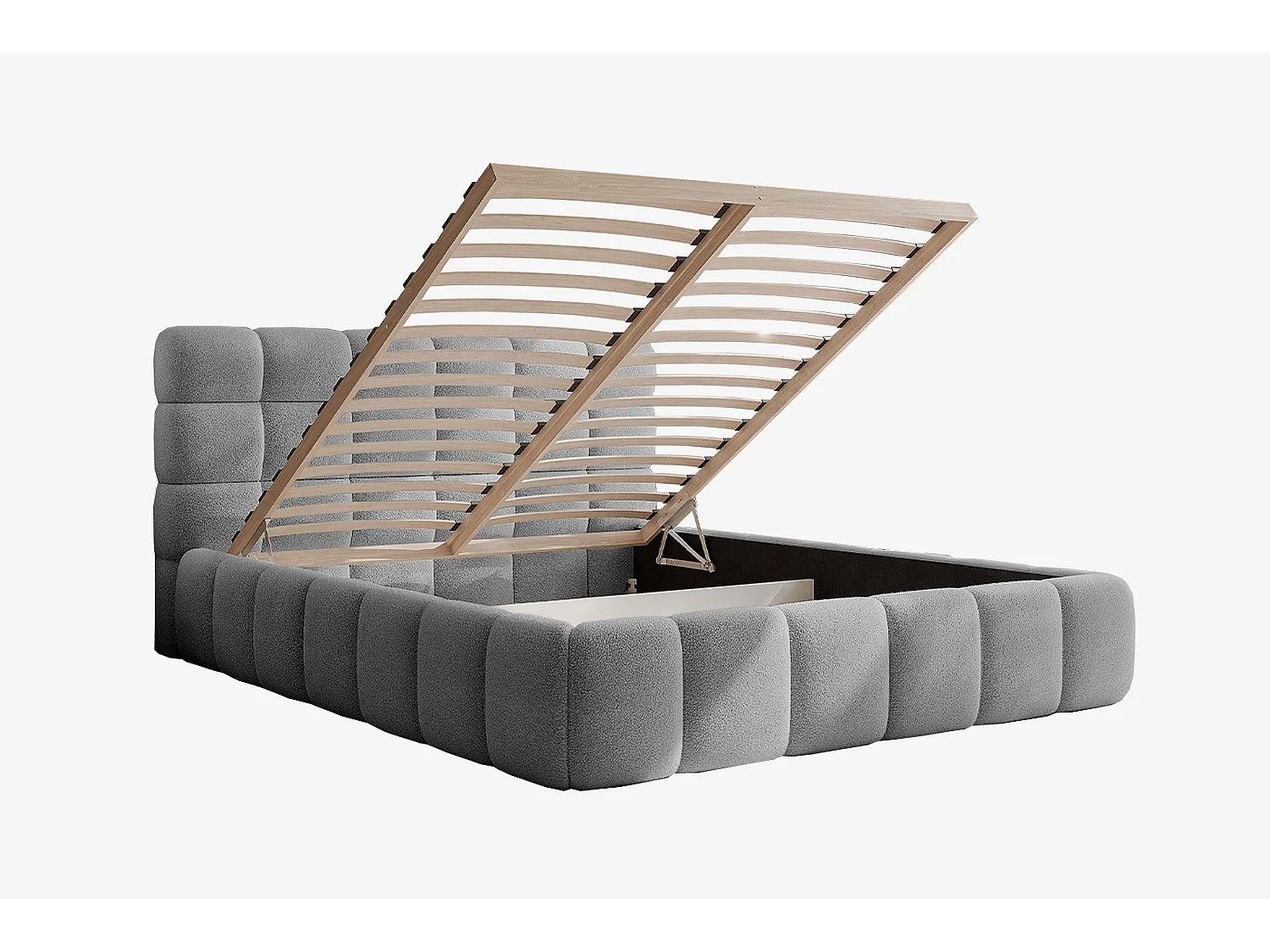 Lit capitonné MNUUO CHOCCO avec coffre de rangement, gris, 180 x 200 cm, sommier à lattes en bois relevable.