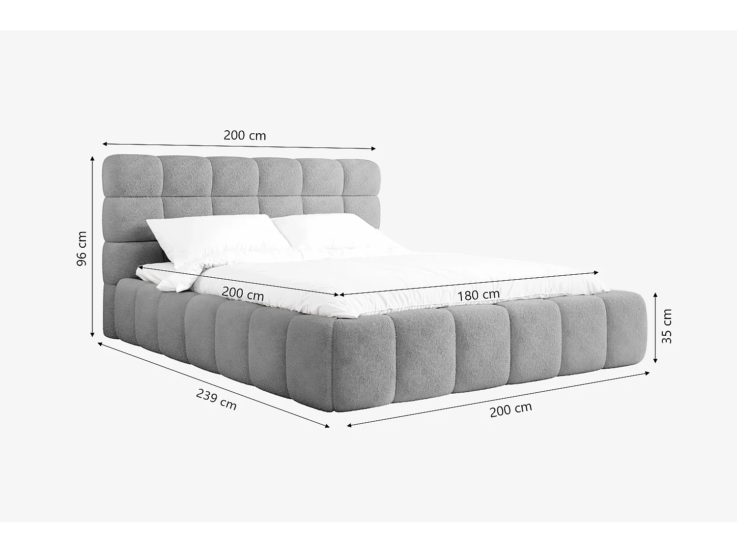 Lit capitonné MNUUO CHOCCO avec coffre de rangement, gris, 180 x 200 cm, sommier à lattes en bois relevable.