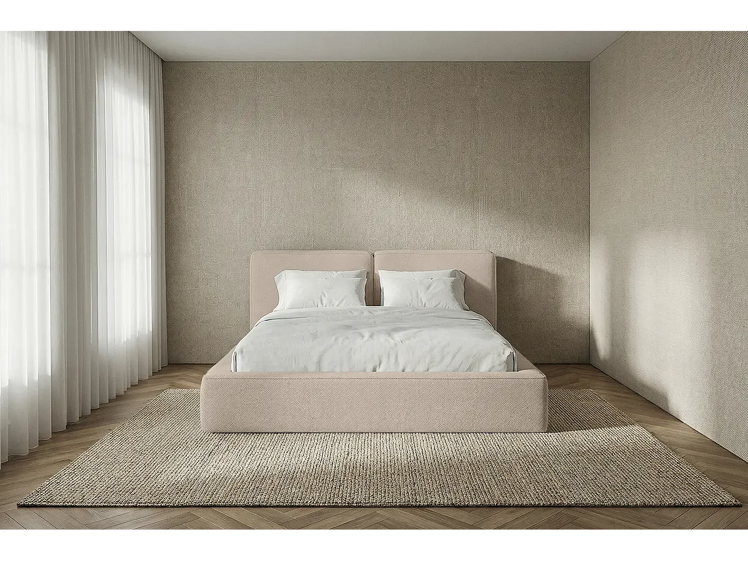 Lit capitonné MNUUO NEENO avec coffre de rangement, beige, 160 x 200 cm, sommier à lattes en bois relevable