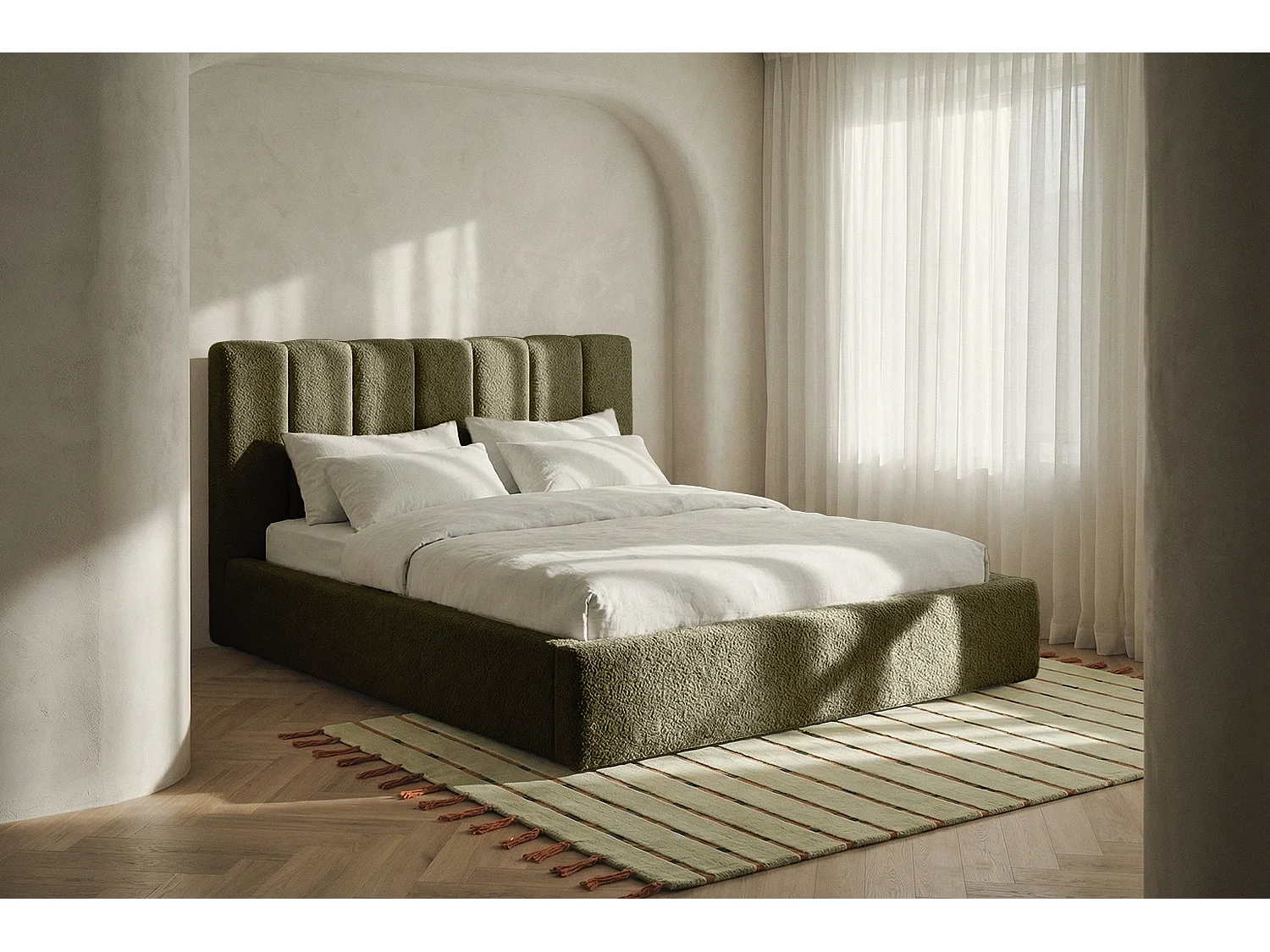 Lit capitonné MNUUO FELAA avec coffre de rangement Olive 140 x 200 cm, sommier à lattes en bois relevable