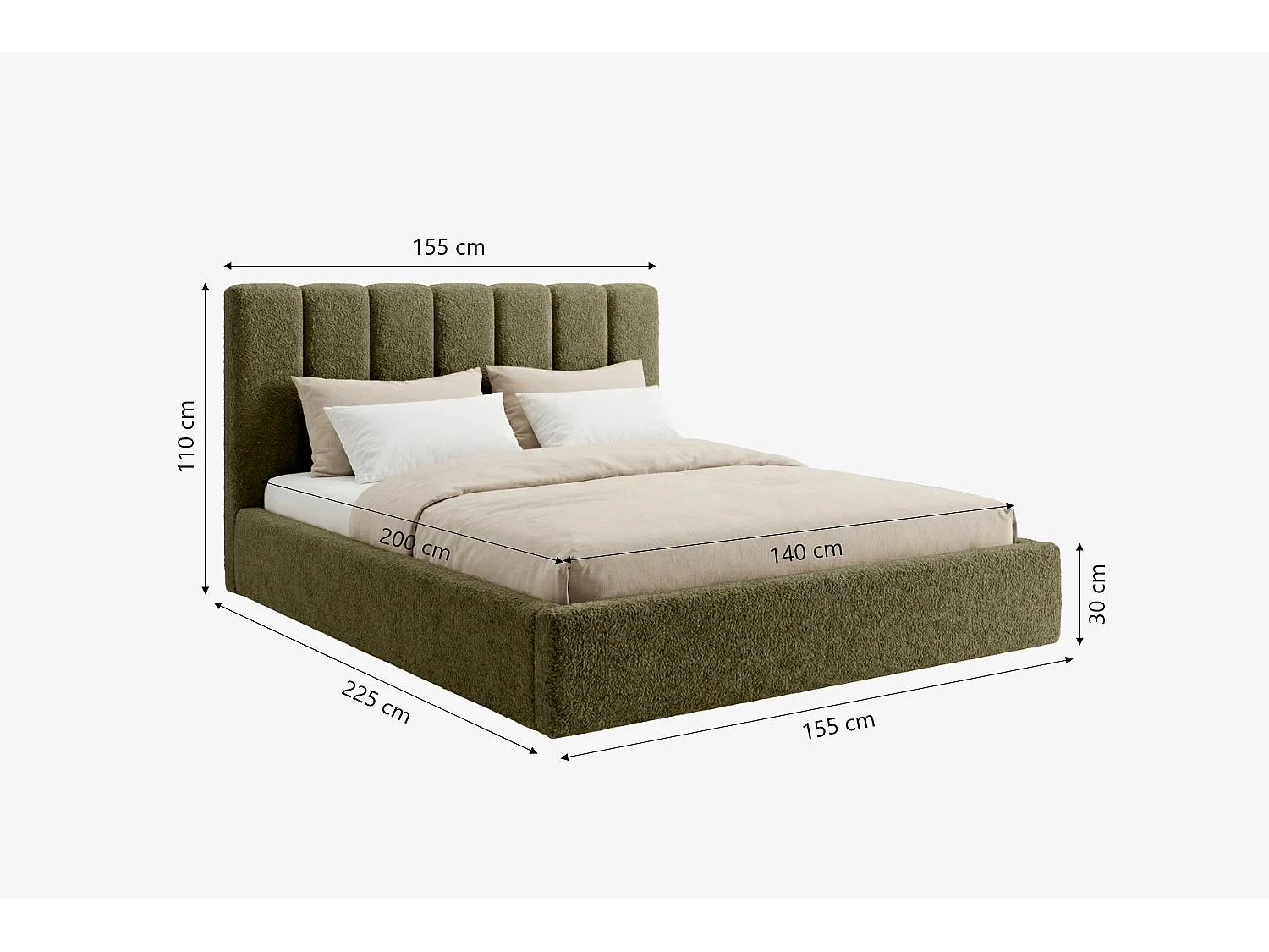Lit capitonné MNUUO FELAA avec coffre de rangement Olive 140 x 200 cm, sommier à lattes en bois relevable