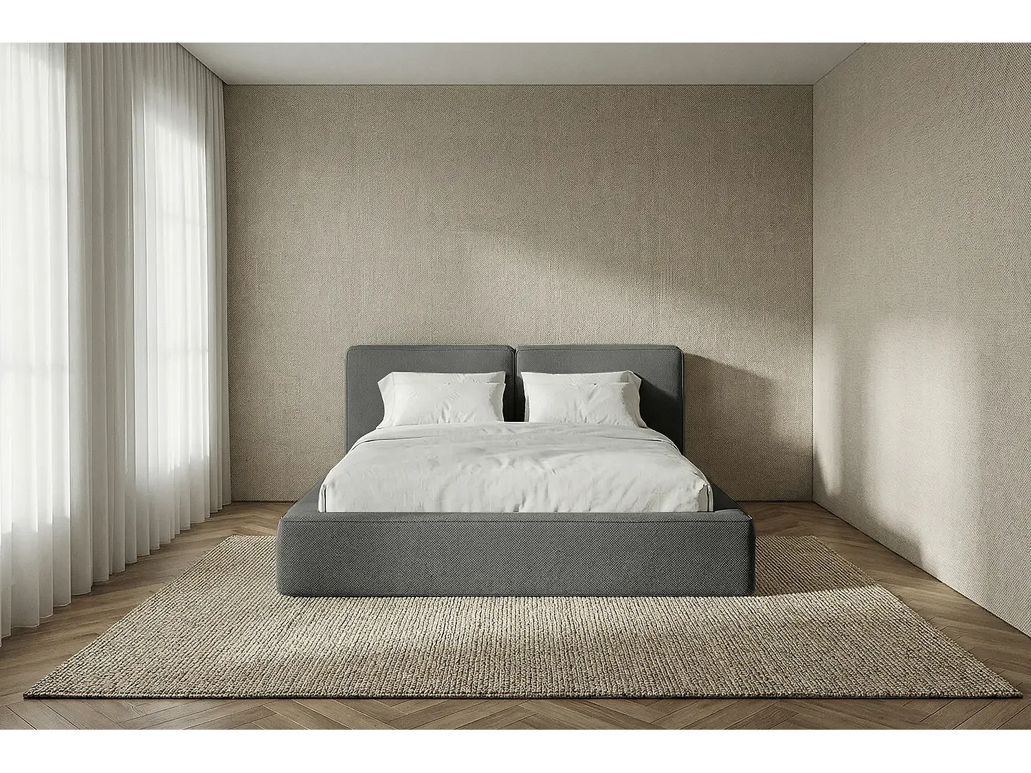 Lit capitonné MNUUO NEENO avec coffre de rangement, gris foncé, 200 x 200 cm, sommier à lattes en bois relevable