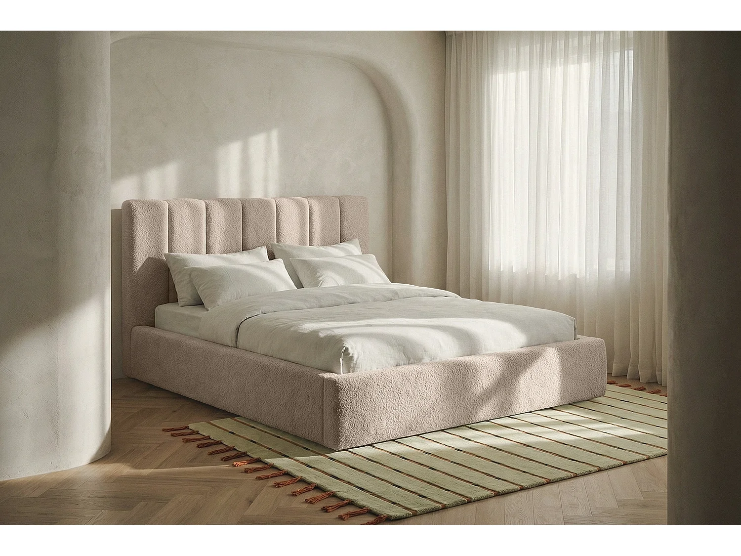 Lit capitonné MNUUO FELAA avec coffre de rangement, beige, 200 x 200 cm, sommier à lattes en bois relevable