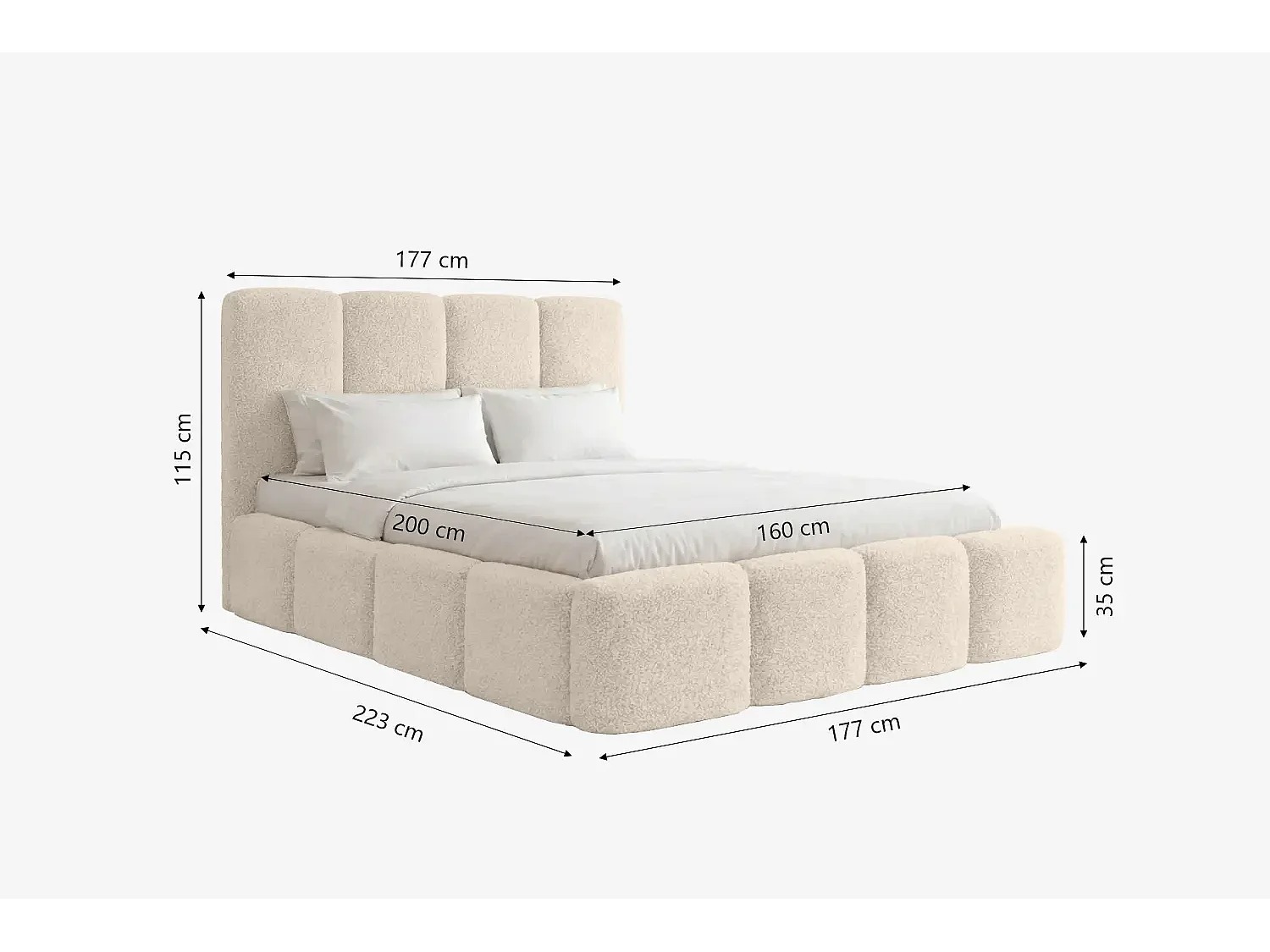 Lit capitonné MNUUO MIOA avec coffre de rangement, couleur crème, 160 x 200 cm, sommier à lattes en bois relevable