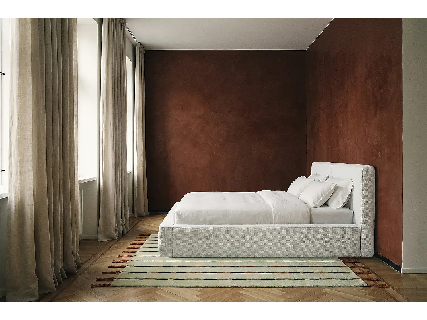 Lit capitonné MNUUO NEENO avec coffre de rangement, crème, 140 x 200 cm, sommier à lattes en bois relevable