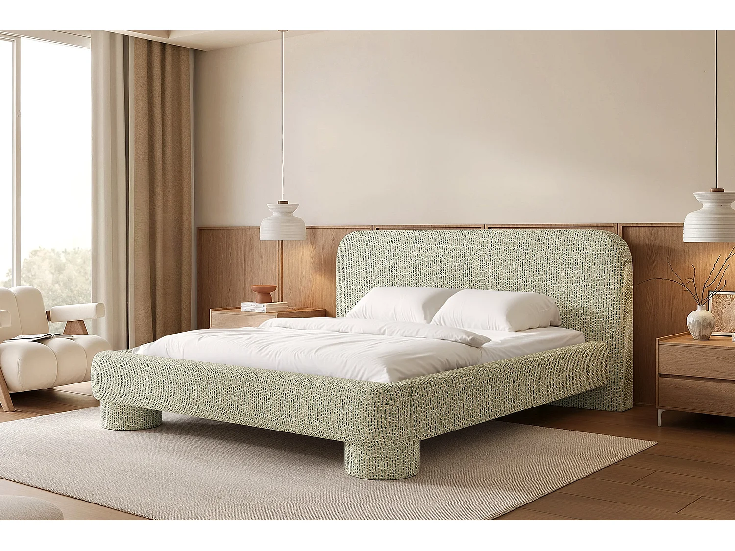 Lit capitonné MNUUO COLEA avec coffre de rangement, vert, 160 x 200 cm, sommier à lattes en bois relevable