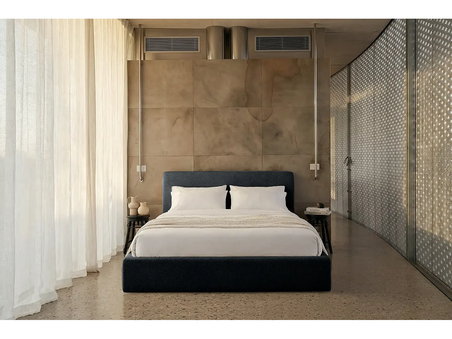 Lit capitonné MNUUO ROOZA avec coffre de rangement, gris foncé, 200 x 200 cm, sommier à lattes en bois relevable