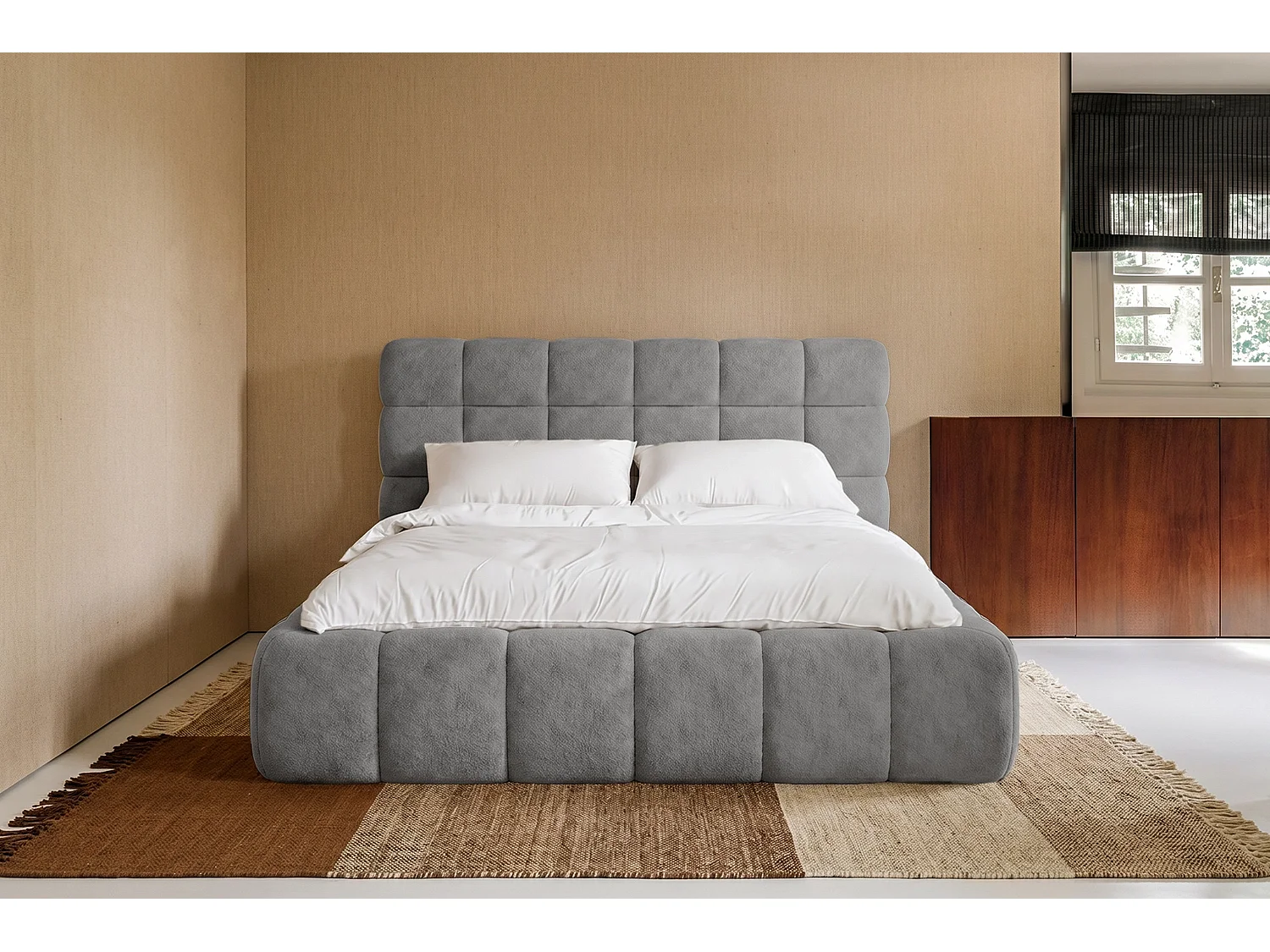 Lit capitonné MNUUO CHOCCO avec coffre de rangement, gris, 140 x 200 cm, sommier à lattes en bois relevable.