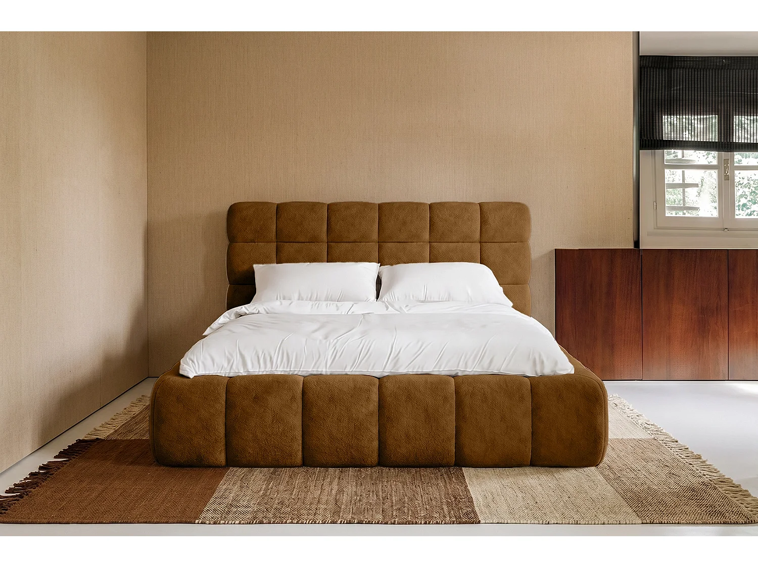 Lit capitonné MNUUO CHOCCO avec coffre de rangement, ocre, 180 x 200 cm, sommier à lattes en bois relevable