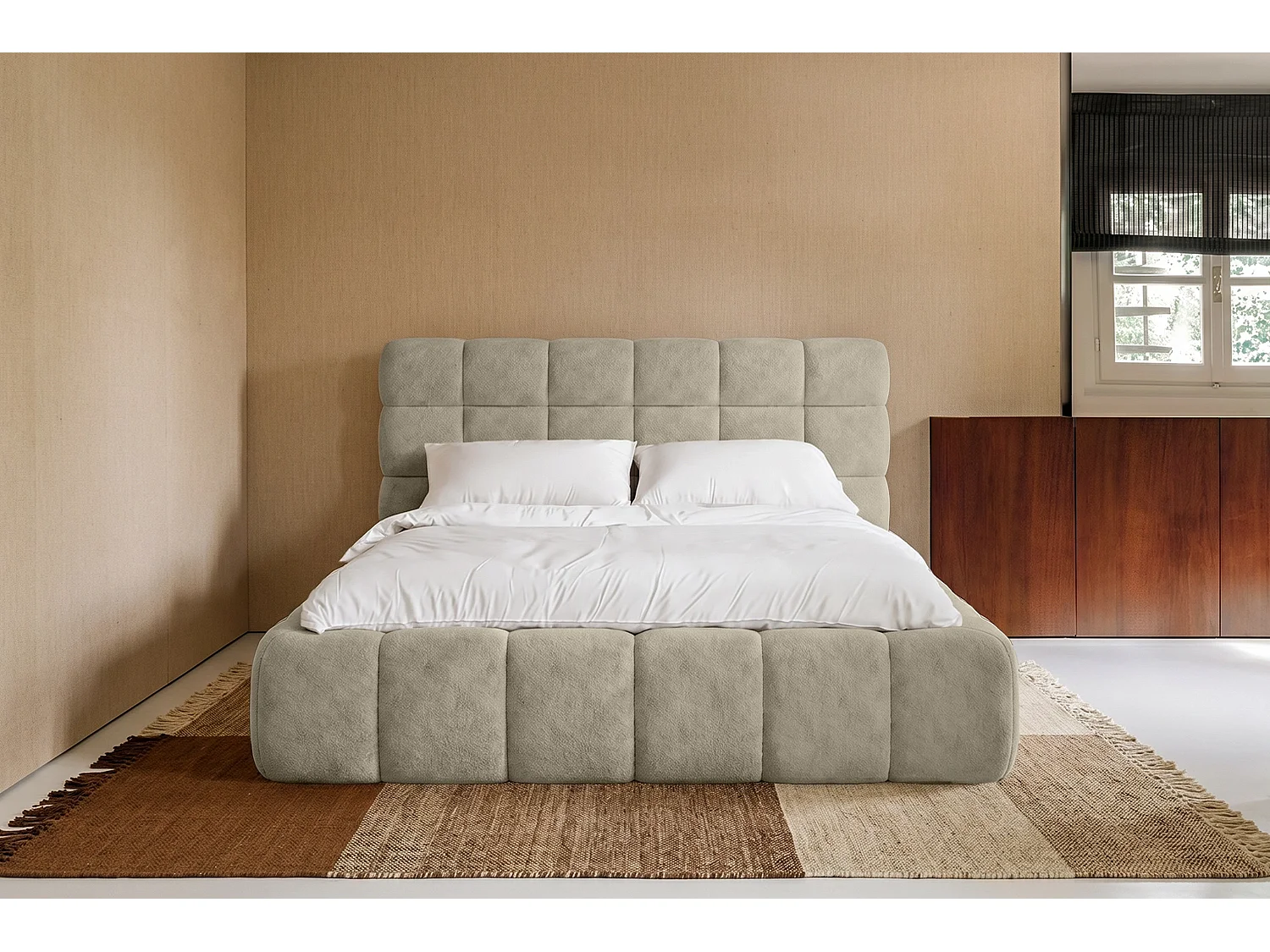 Lit capitonné MNUUO CHOCCO avec coffre de rangement, beige, 180 x 200 cm, sommier à lattes en bois relevable