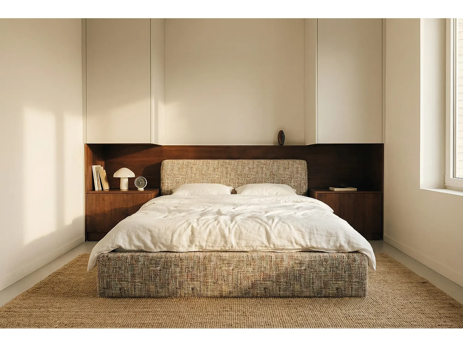 Lit capitonné MNUUO ROOZA avec coffre de rangement, multicolore, 140 x 200 cm, sommier à lattes en bois relevable