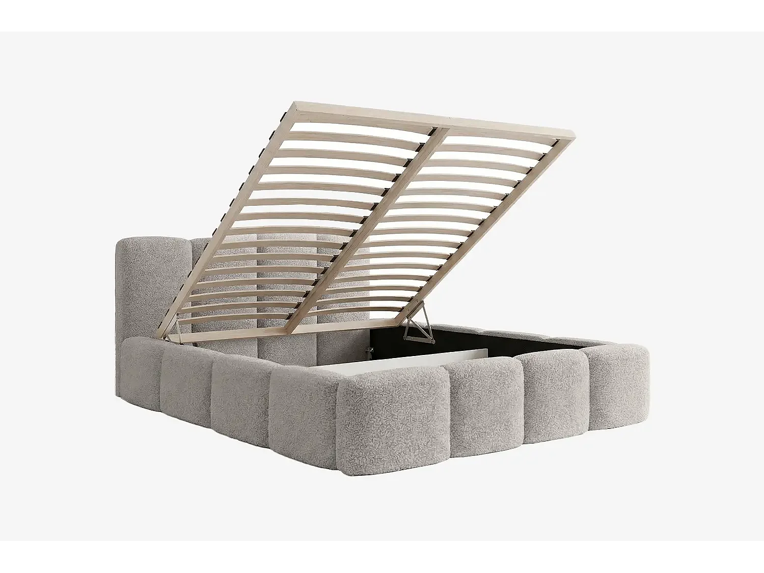MNUUO Polsterbett MIOA LITE mit Bettkasten Hellgrau 200 x 200 cm Hebbarer Holz-Lattenrost