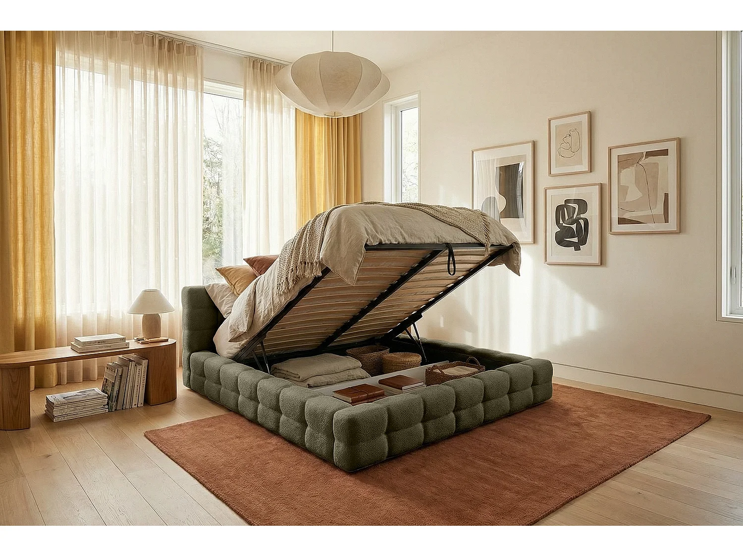 MNUUO Gestoffeerd bed KAIO met opbergbox, groen, 180 x 200 cm, opklapbare lattenbodem