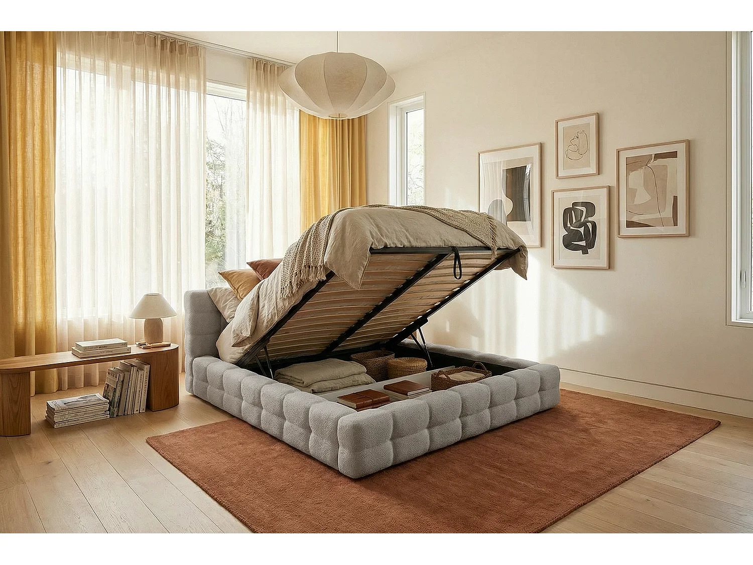 MNUUO gestoffeerd bed KAIO met opbergbox, lichtgrijs, 160 x 200 cm, opklapbare lattenbodem