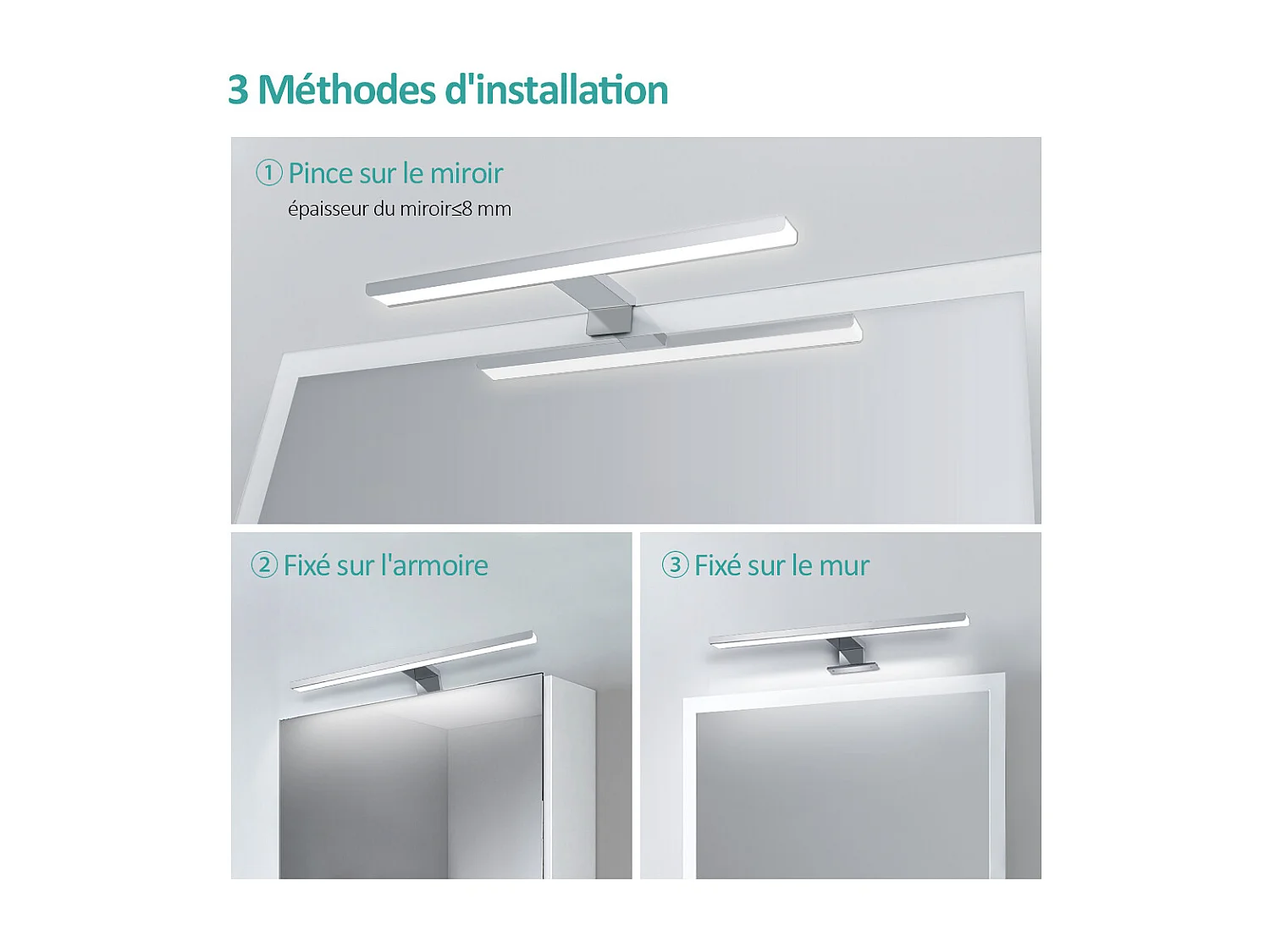 EMKE Lampe murale LED salle de bain blanche, éclairage miroir 40 × 15 cm, lumière froide 6000 K, installation multiple