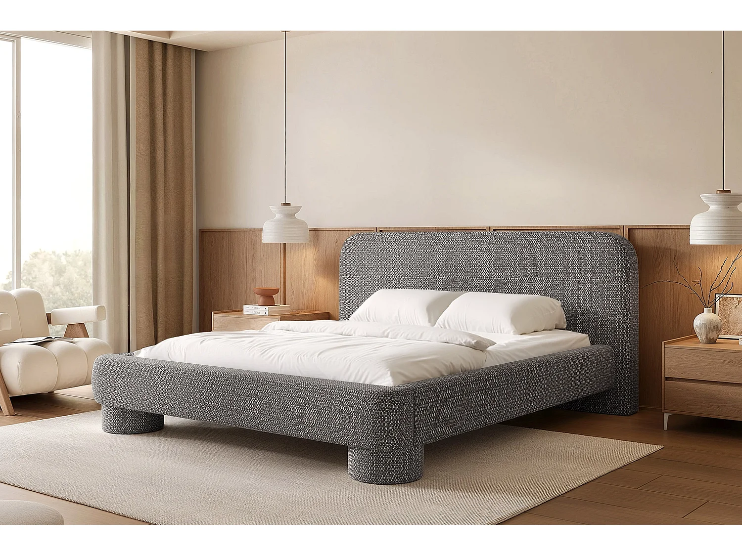 Lit capitonné MNUUO COLEA avec coffre de rangement, gris, 140 x 200 cm, sommier à lattes en bois relevable.