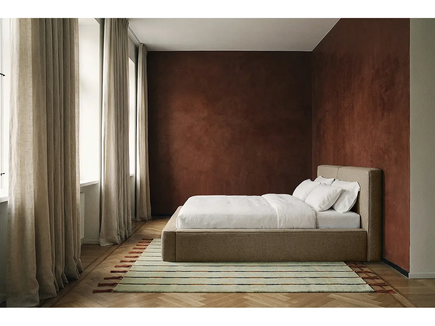 Lit capitonné MNUUO NEENO avec coffre de rangement, taupe, 180 x 200 cm, sommier à lattes en bois relevable