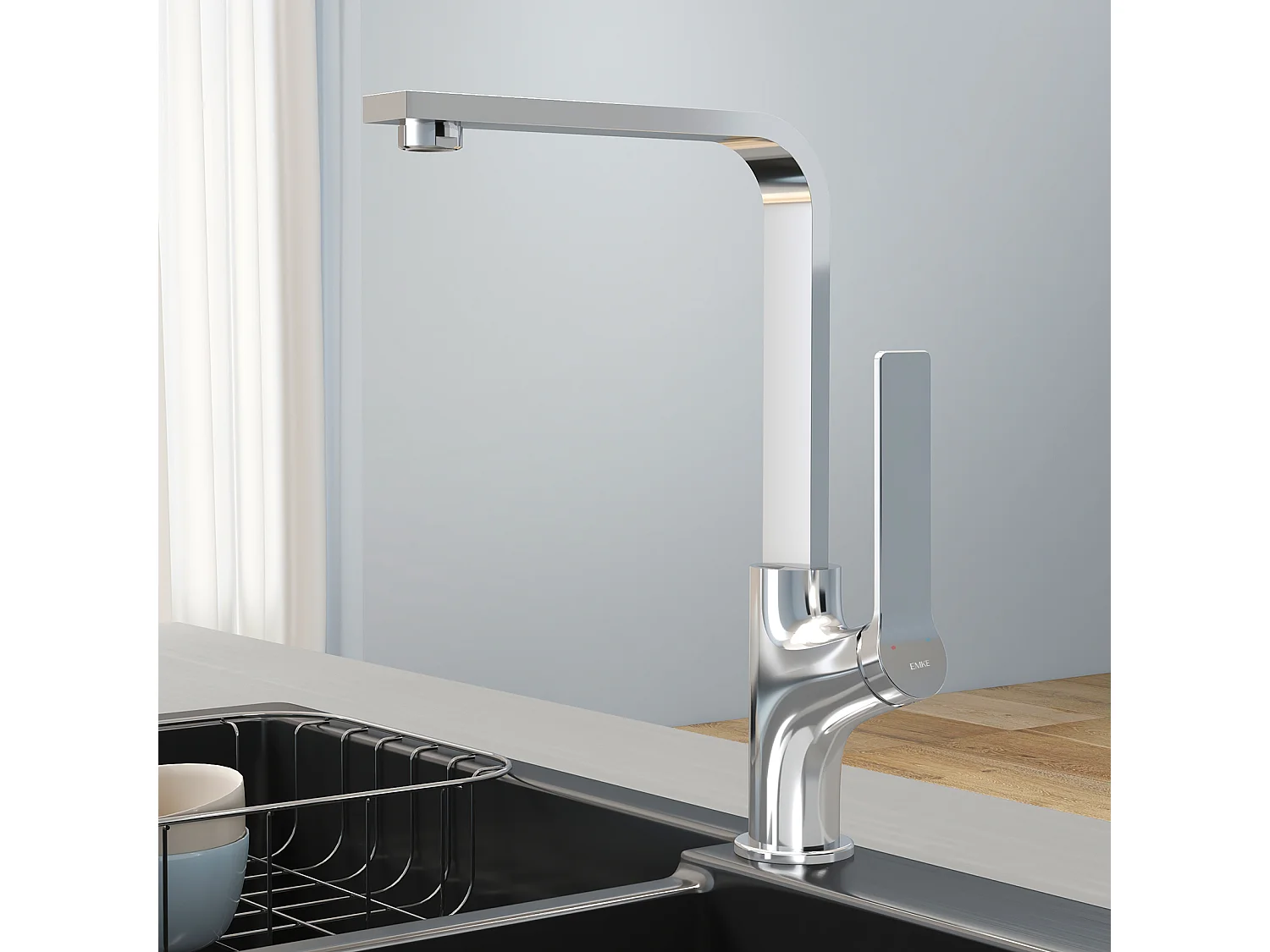 EMKE Mitigeur de Cuisine Chromé, Robinet Monocommande Rotatif 360°, 30,3 × 22,5 cm, Design Fin en Acier Inoxydable