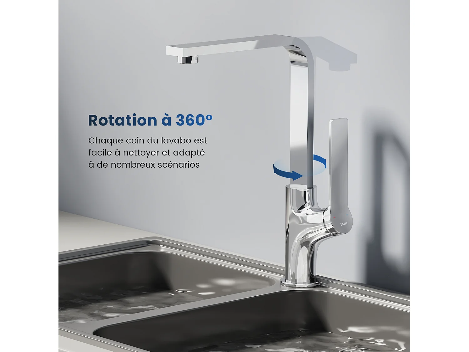 EMKE Mitigeur de Cuisine Chromé, Robinet Monocommande Rotatif 360°, 30,3 × 22,5 cm, Design Fin en Acier Inoxydable