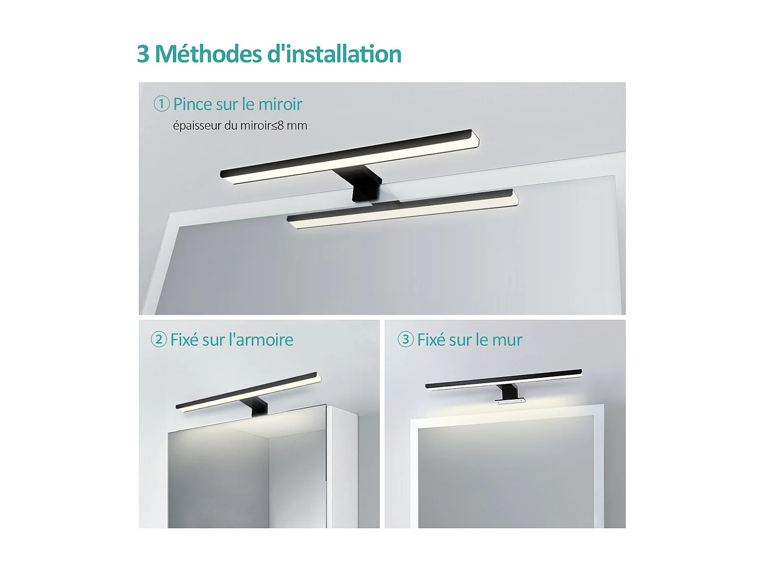 EMKE Éclairage LED mural pour salle de bain noir, lampe miroir 40 × 15 cm, lumière neutre 4200 K, montage polyvalent