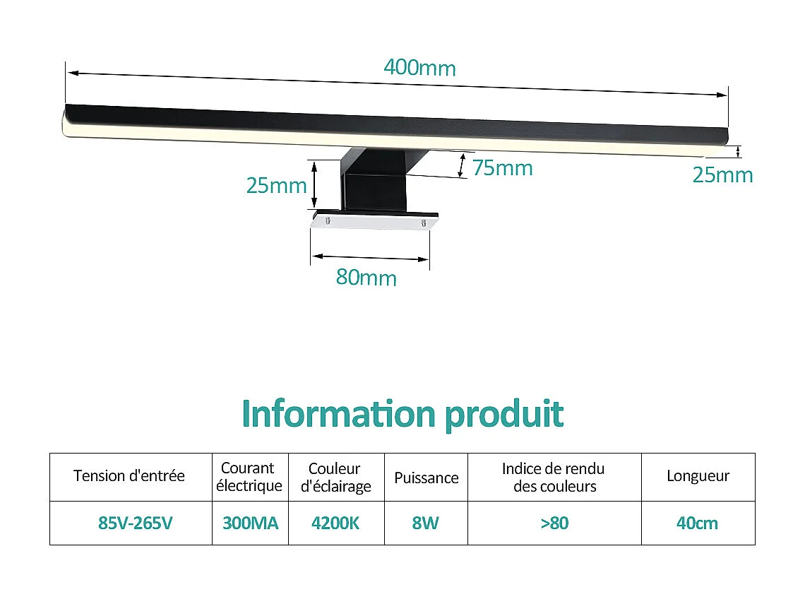 EMKE Éclairage LED mural pour salle de bain noir, lampe miroir 40 × 15 cm, lumière neutre 4200 K, montage polyvalent
