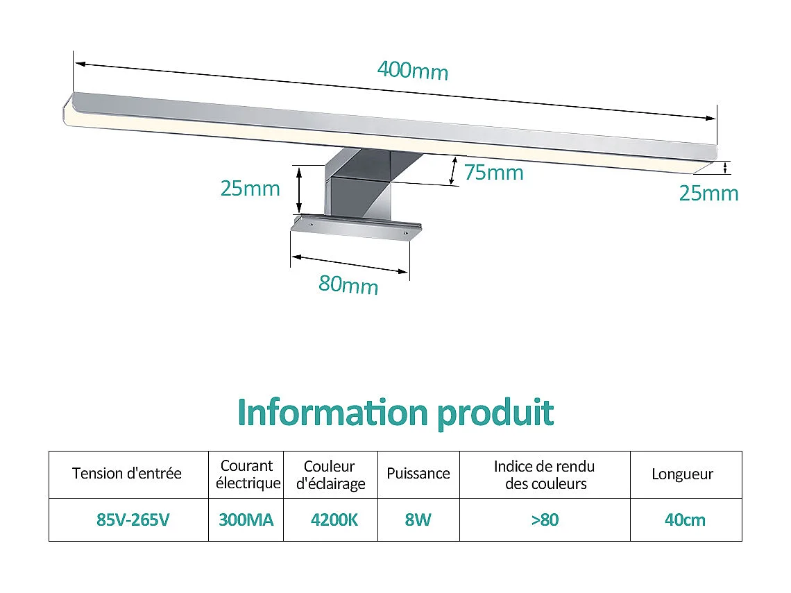 EMKE Éclairage LED mural pour salle de bain blanc, lampe miroir 40 × 15 cm, lumière neutre 4200 K, montage polyvalent