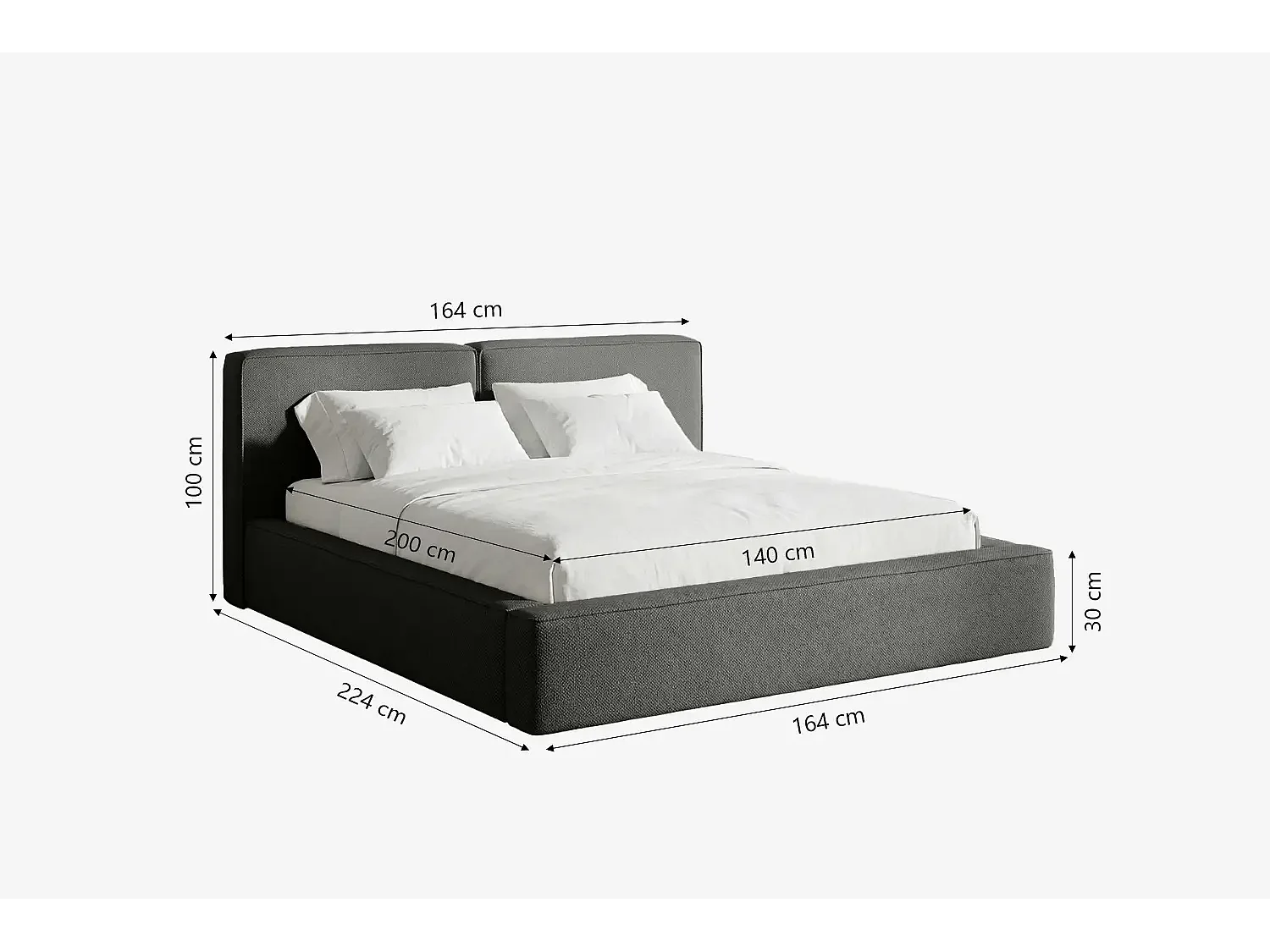 Lit capitonné MNUUO NEENO avec coffre de rangement, gris foncé, 140 x 200 cm, sommier à lattes en bois relevable