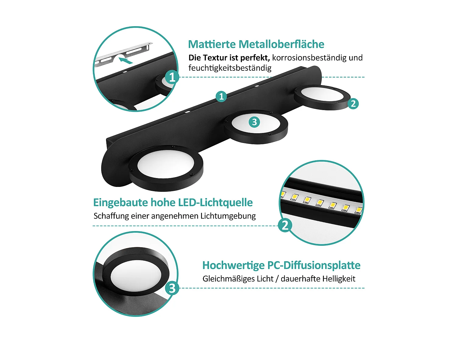 EMKE Applique LED murale noire pour salle de bain, éclairage miroir 50 cm, 15 W, lumière neutre 4000 K